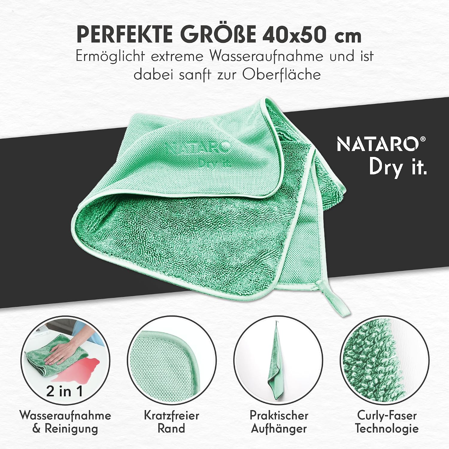 Detalle de NATARO® Fast Dry it. Premium Trockentuch – 2er Set, 40x50 cm, fusselfrei und kratzfrei