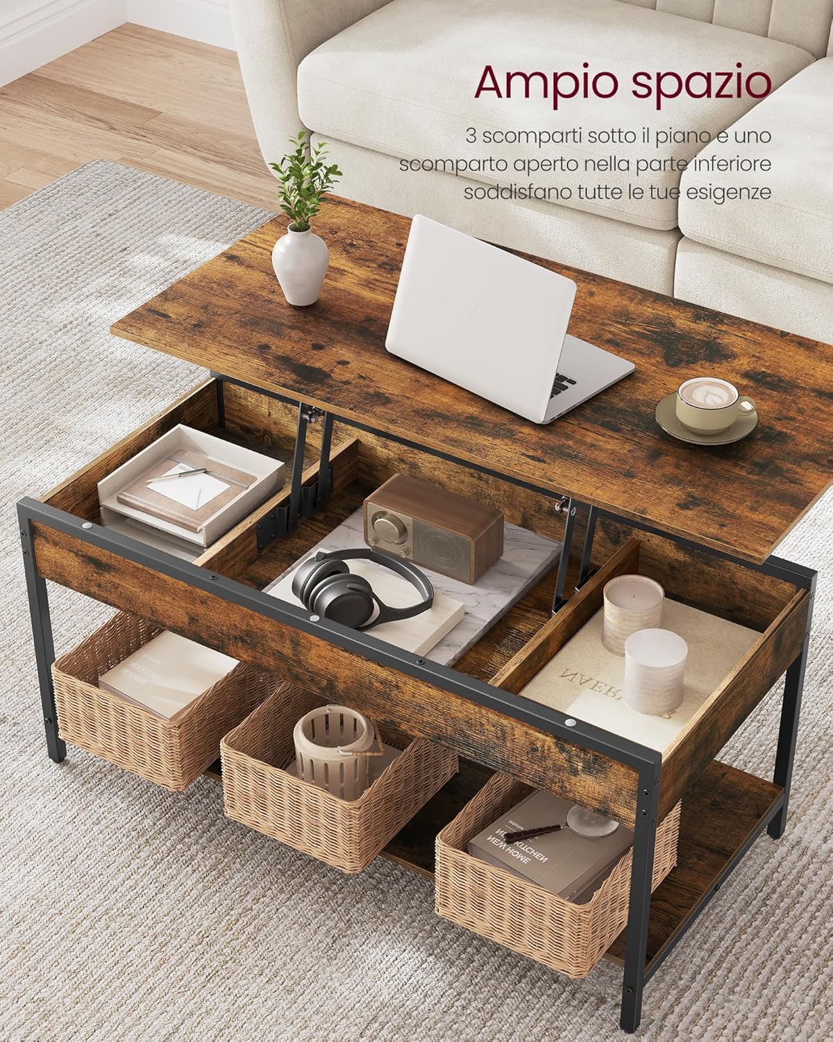 Thumbnail 4 de VASAGLE Tavolino con piano sollevabile LCT261KD02, stile industriale vintage (50 x 100 cm)