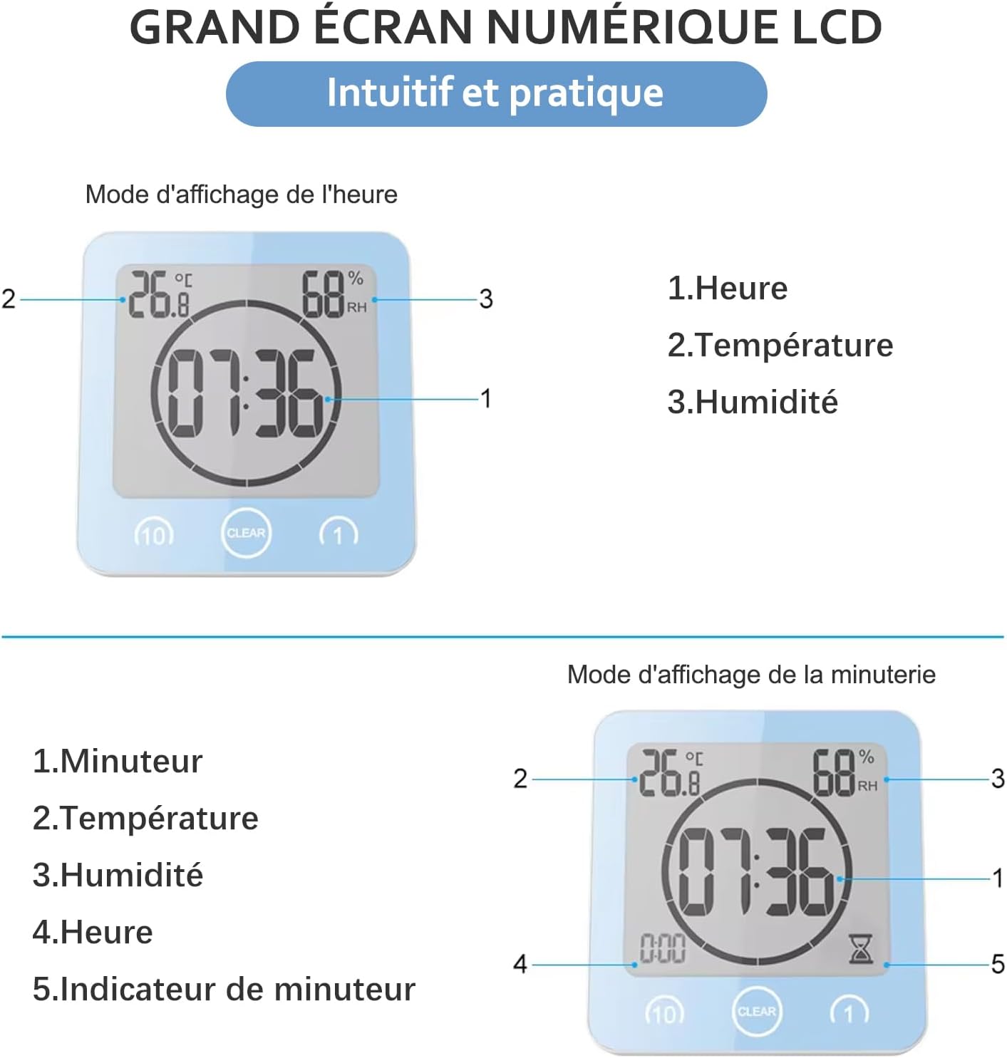 Thumbnail 2 de Horloge de salle de bain / douche tactile étanche avec alarme numérique LCD, thermomètre-hygromètre et minuterie (bleu)