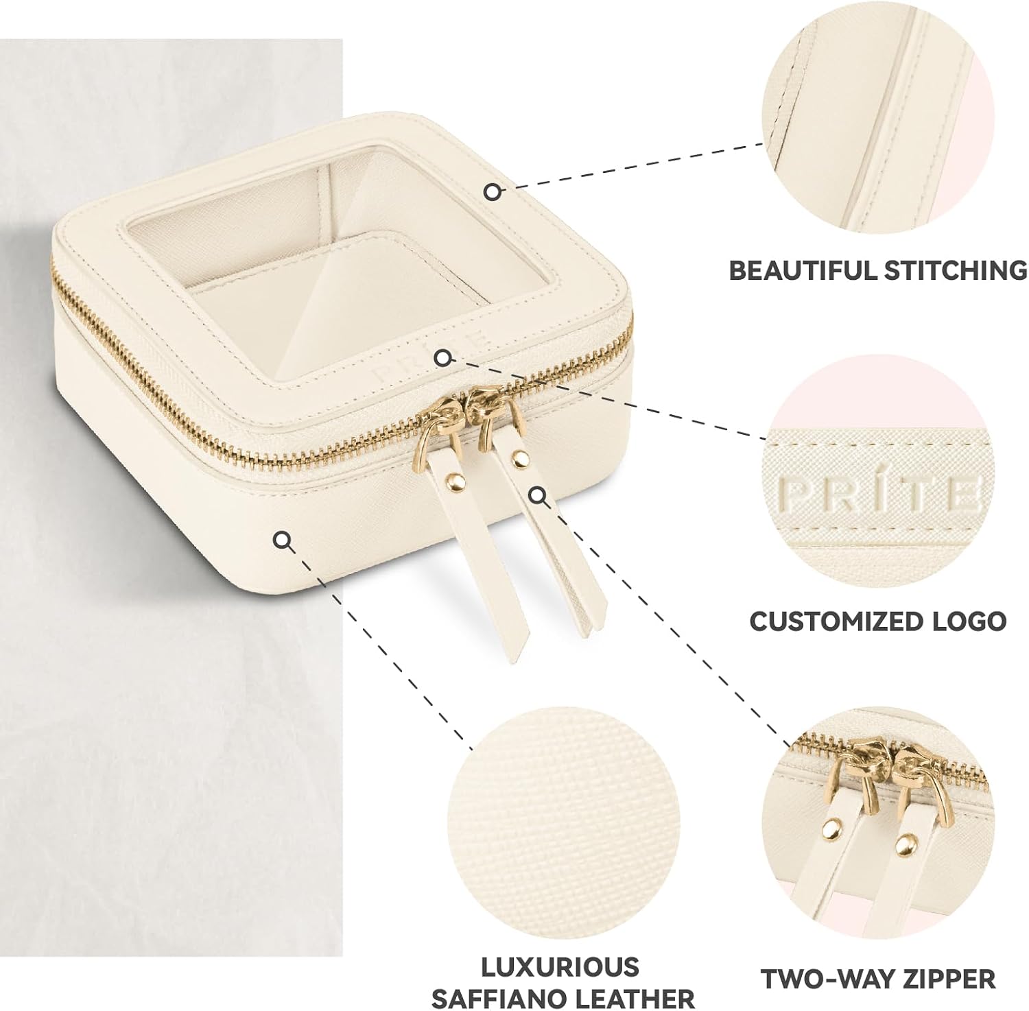 Detalle de Prite Small Clear Makeup Bag (Beige) with Gift Box – Waterproof Mini Cosmetic & Travel Toiletry Pouch