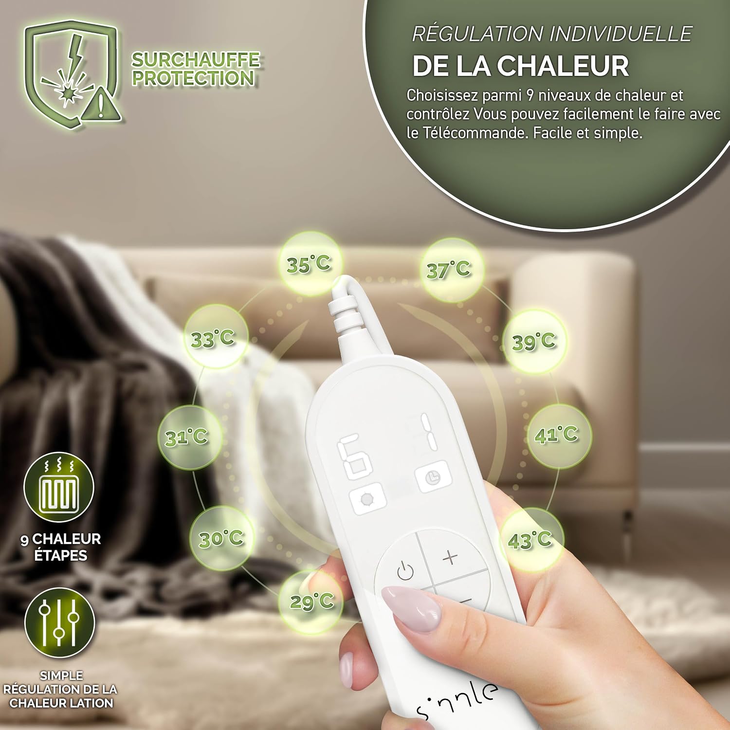 Detalle de sinnlein® Couverture chauffante 180 x 130 cm – chaleur douce, arrêt automatique et lavage en machine