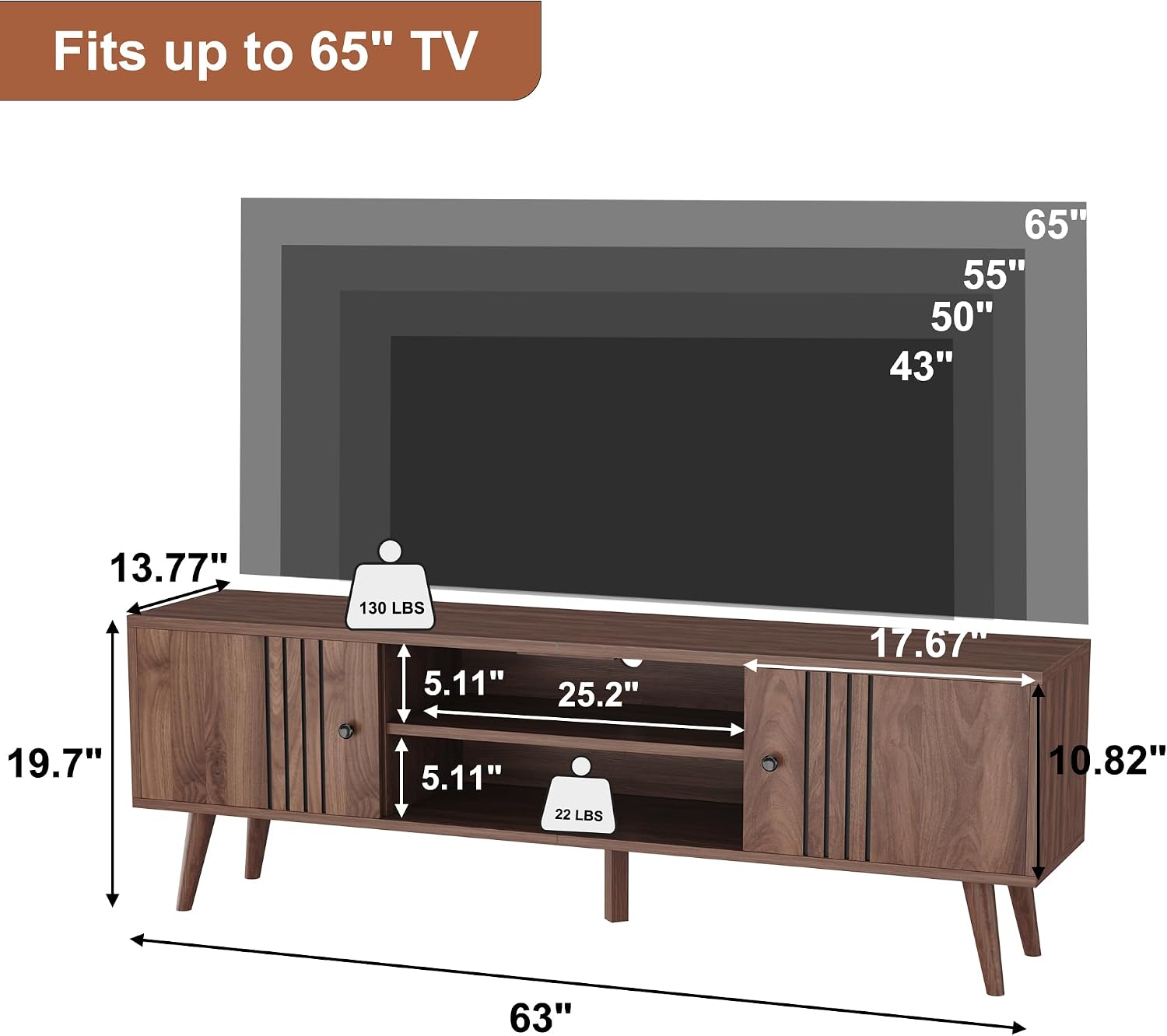 Detalle 2 de HOMEFORT 021A Mid-Century TV Stand, Walnut, Sliding Doors and Cable Holes