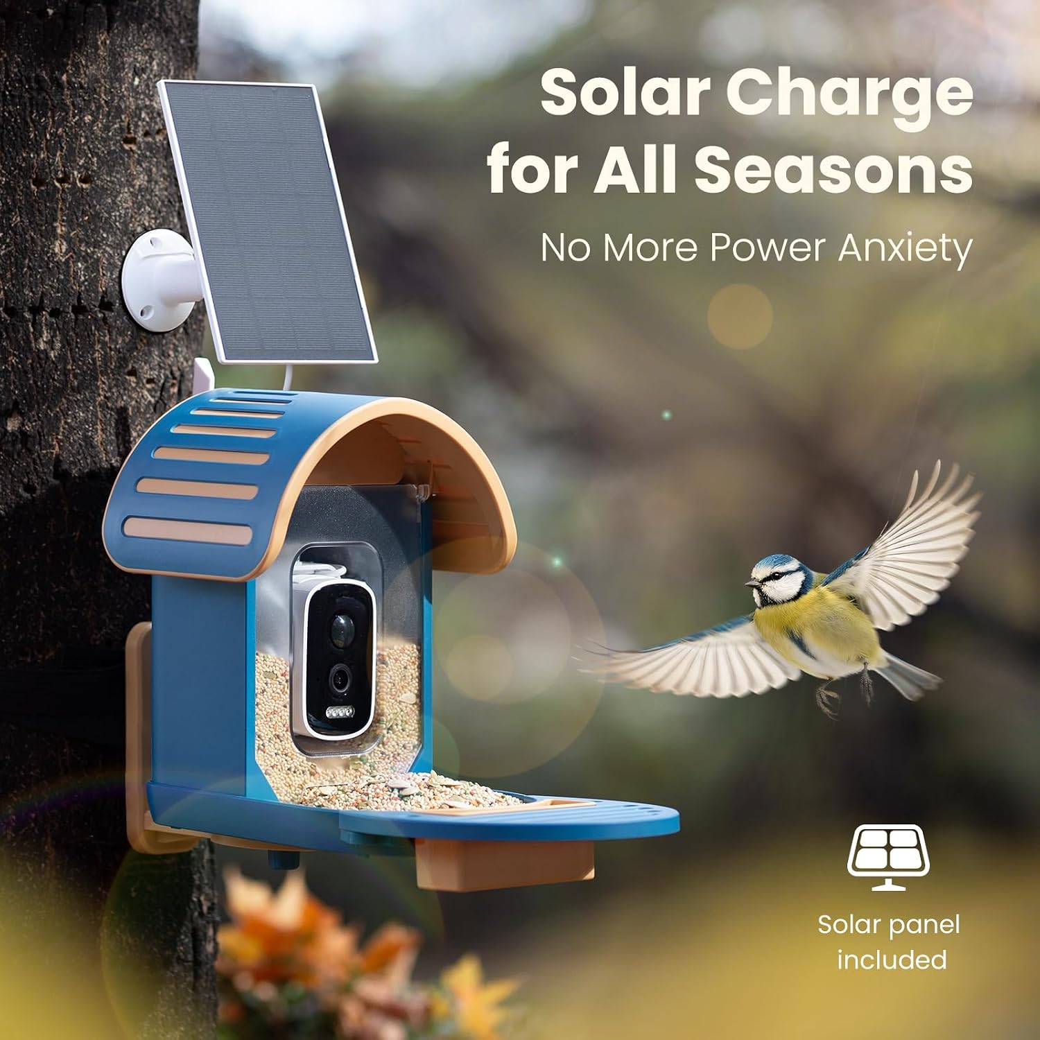 Detalle de 2.5K UHD Bird Feeder Camera Solar Powered with AI Identification, IP66 Outdoor Smart Feeder (Blue)