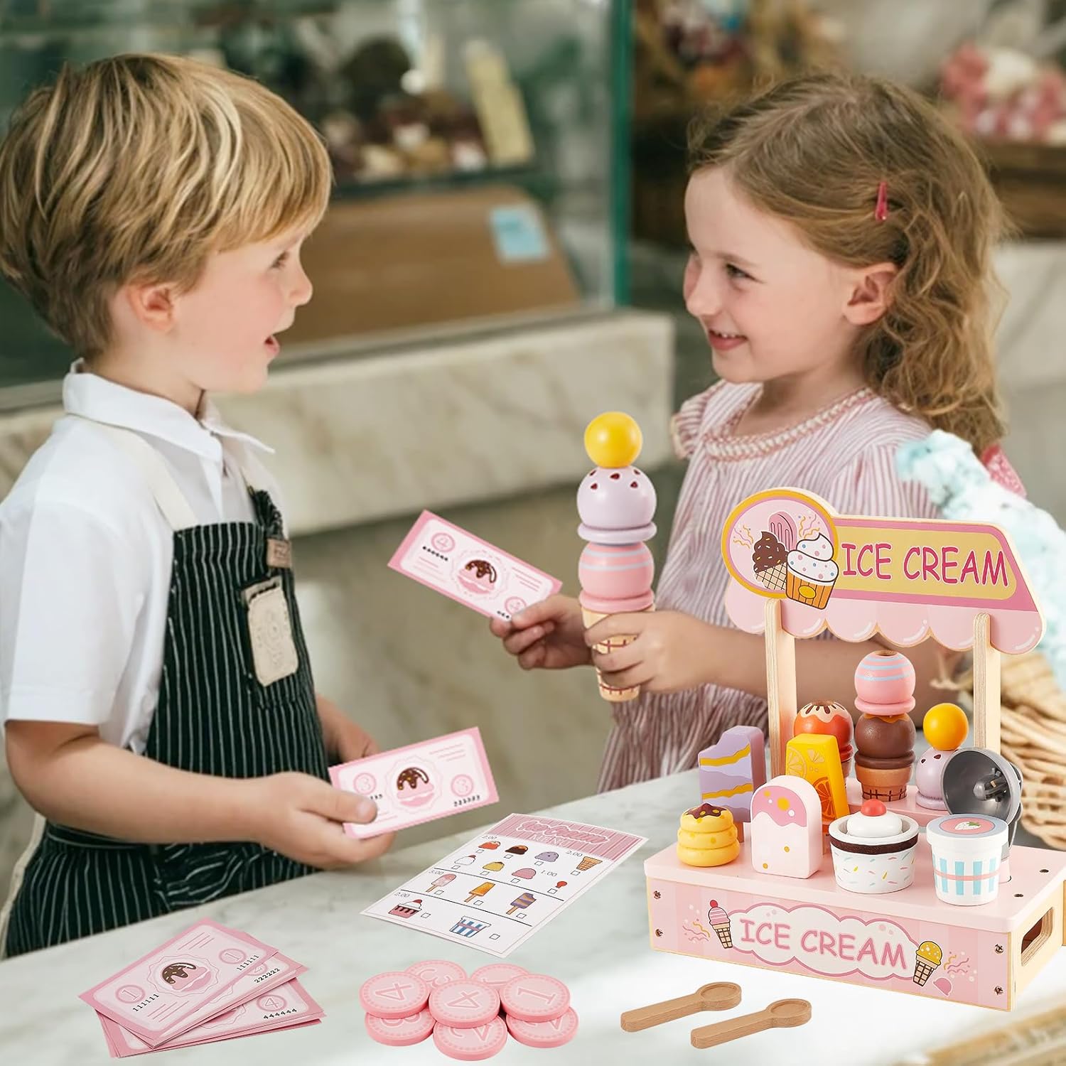 Thumbnail 5 de HERSITY Wooden Ice Cream Counter Shop Pretend Play Food Set (Pink)