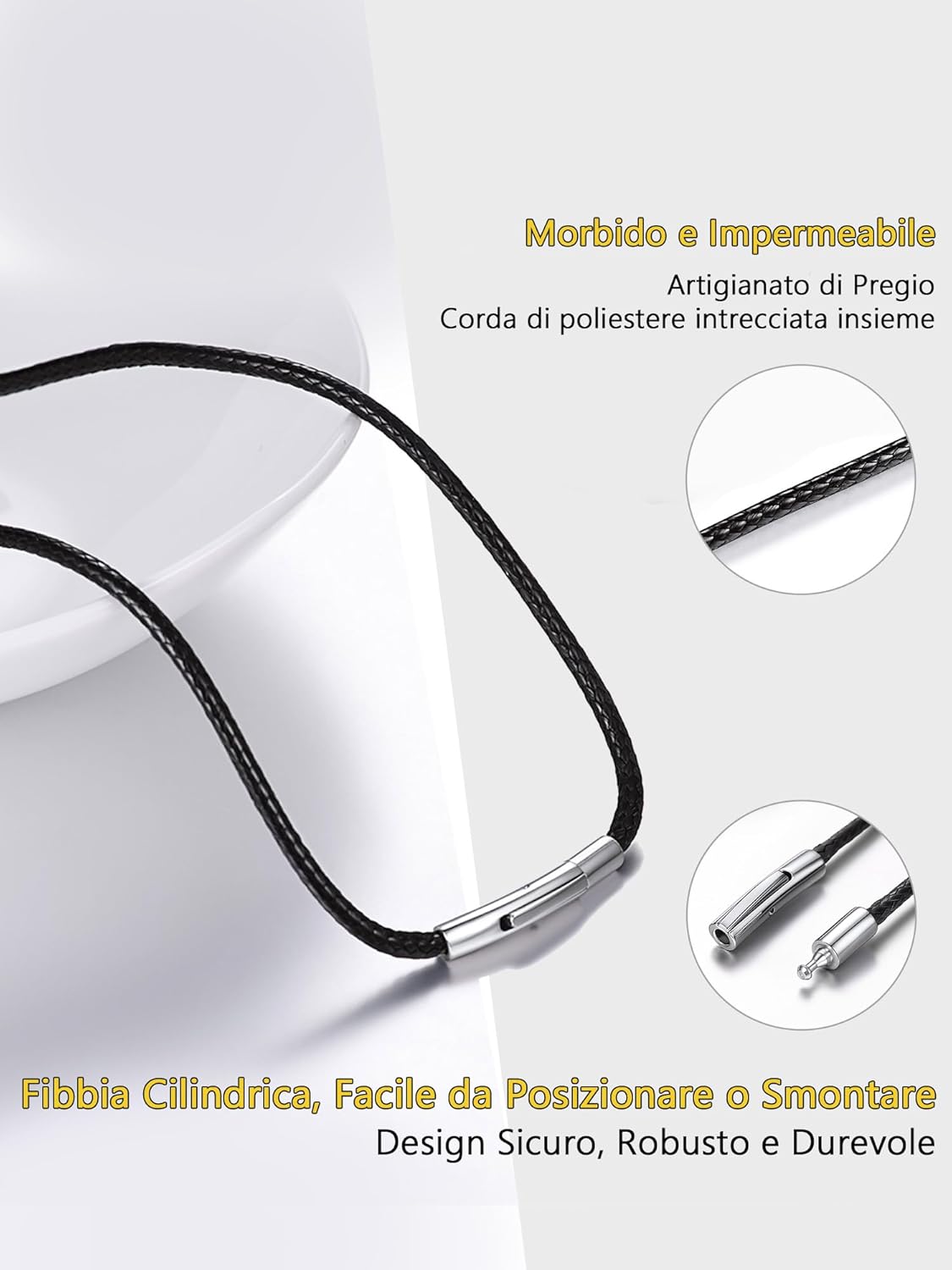 Thumbnail 3 de Collana PROSTEEL in pelle e caucciu con cordina nera impermeabile (2 mm) 41–76 cm