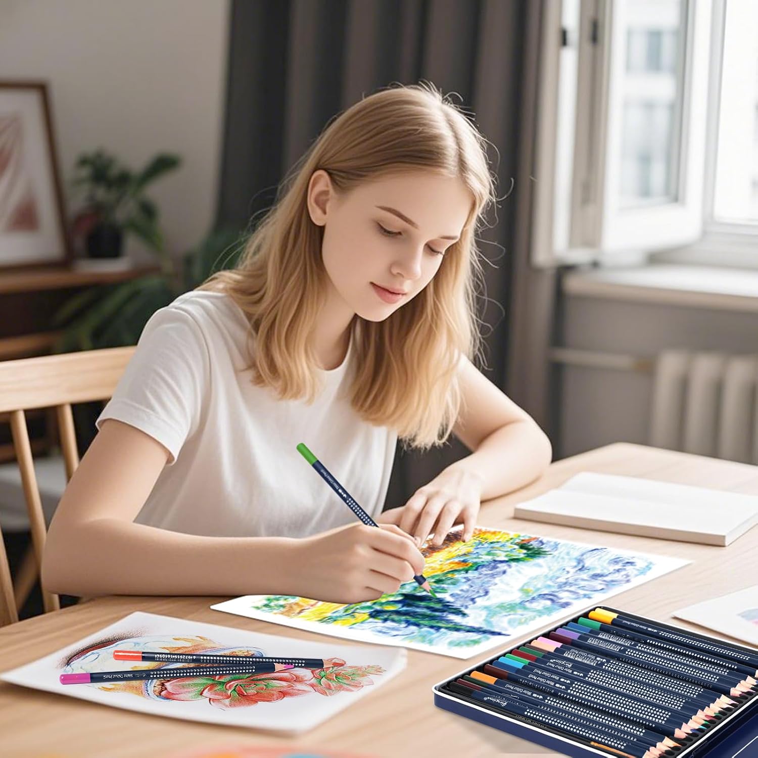 Detalle de Reaeonat Watercolour Pencils 24 Colour Set in Tin Box – A Practical Choice for Beginners and Everyday Artists