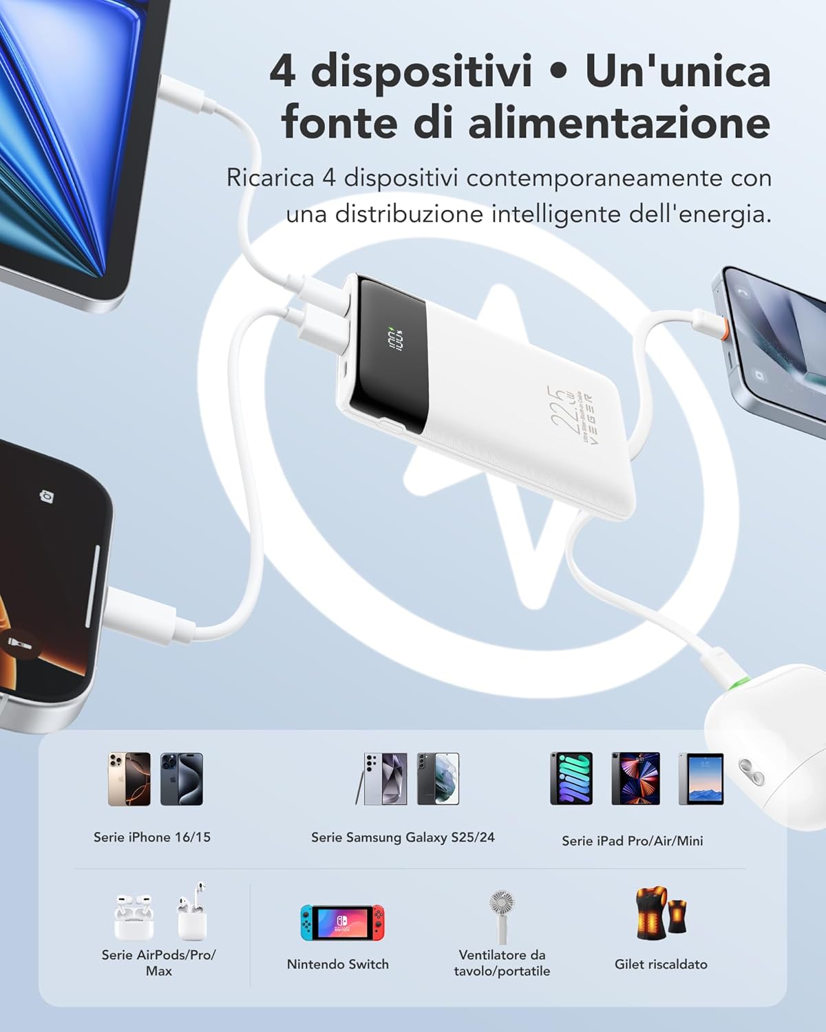 Detalle 2 de VEGER Power Bank 10000mAh con Cavi Integrati e 22.5W PD: potenza in tasca