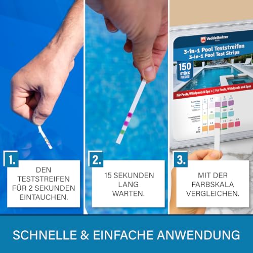 Detalle de Veddelholzer 3-in-1 Pool Teststreifen (150 Stück) – Wassertester für pH, freies Chlor & Alkalinität