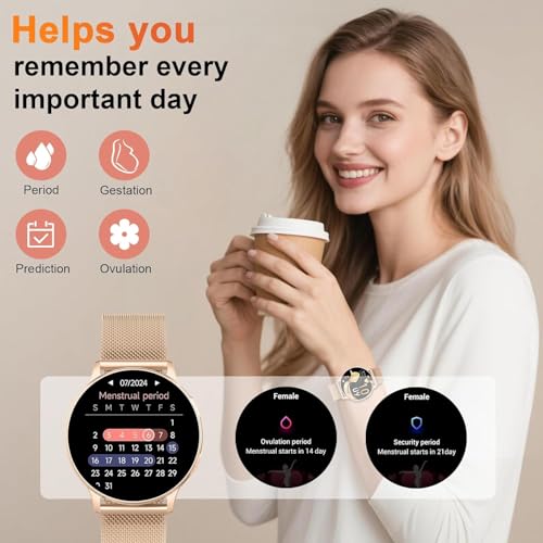 Detalle de Jugeman Montre Connectée Femme 1,33" – Montre Intelligente dorée, appels Bluetooth et suivi santé