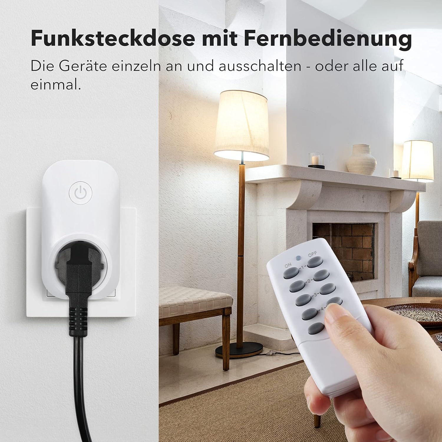 Detalle 2 de HBN Funksteckdosen-Set (5x Steckdosen) mit 2 Fernbedienungen – 3680 W, 230 V, Reichweite bis 30 m, Weiß