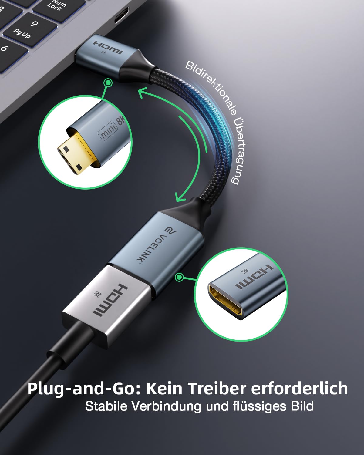 Detalle 2 de VCELINK 8K Mini-HDMI auf HDMI 2.1 Adapter (2.1) – 8K@60 Hz / 4K@120 Hz, vergoldeter Mini-HDMI-Stecker, 18 cm Kabel