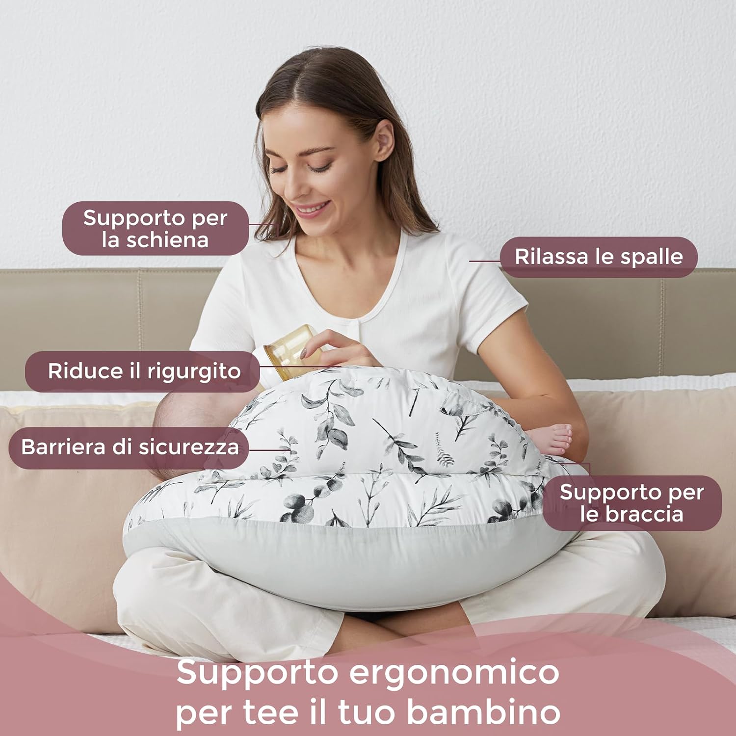 Detalle de Momcozy Cuscino per allattamento con bordo di sicurezza – Ergonomico, memory foam e fodera in cotone rimovibile