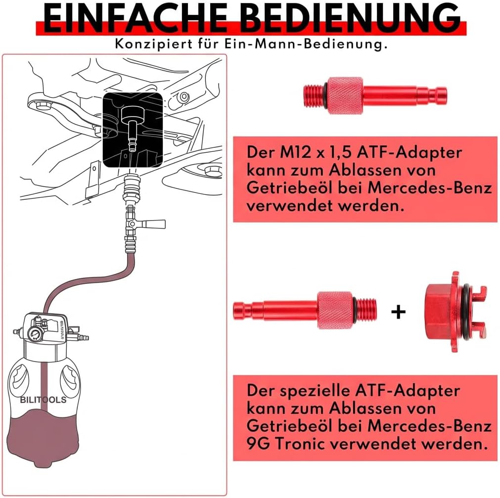 Detalle de BILITOOLS Mercedes 9G Tronic Werkzeug – ATF Befülladapter-Set für Mercedes 722.9 & 725.0