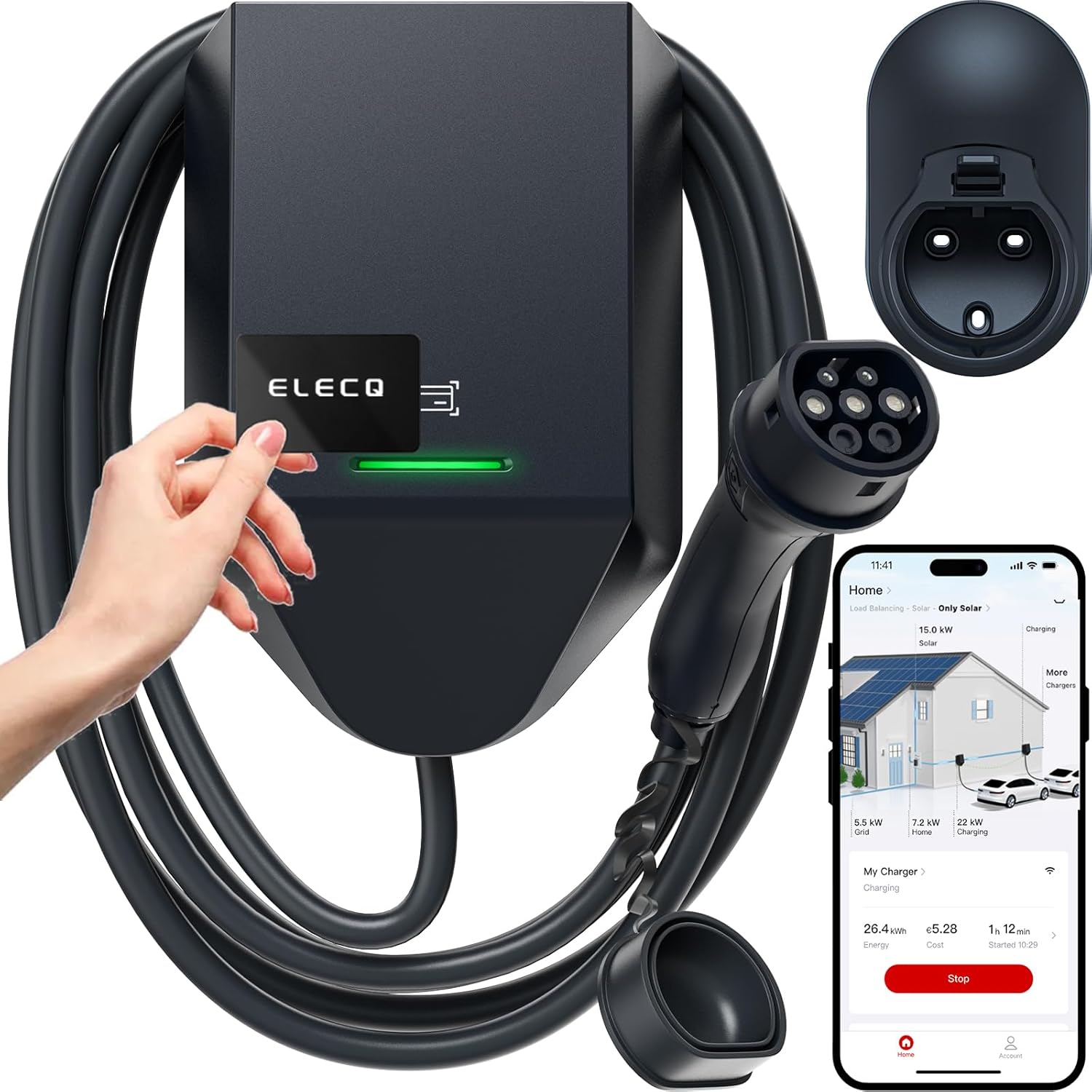 Detalle de ELECQ Wallbox 7,4 kW con Cavo 5M – Ricarica domestica Tipo 2 monofase con ALM, Solare e gestione carico