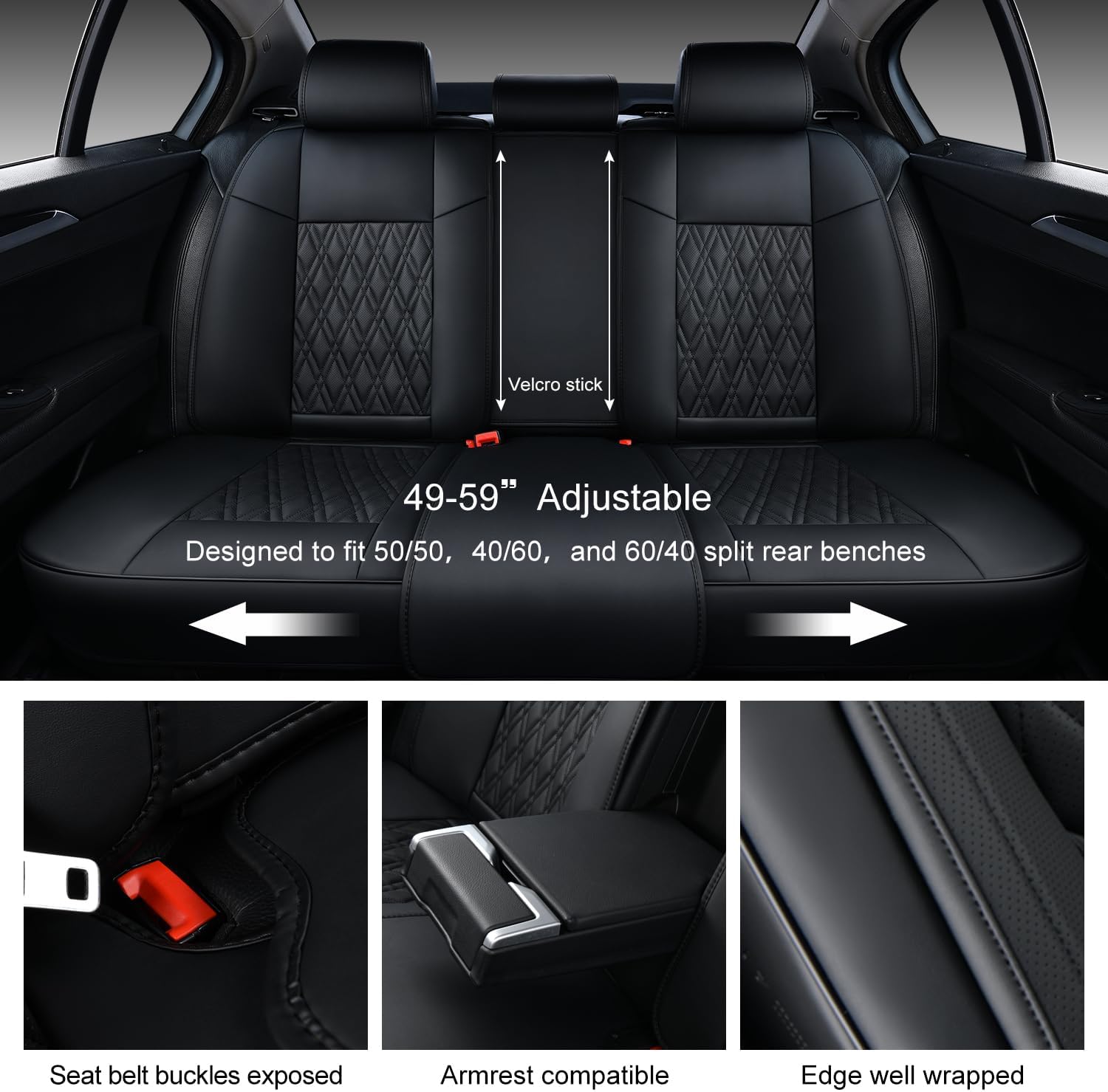 Thumbnail 3 de TINRAIYANG Black Car Seat Covers Full Set with Breathable Leather for Front & Rear Seats