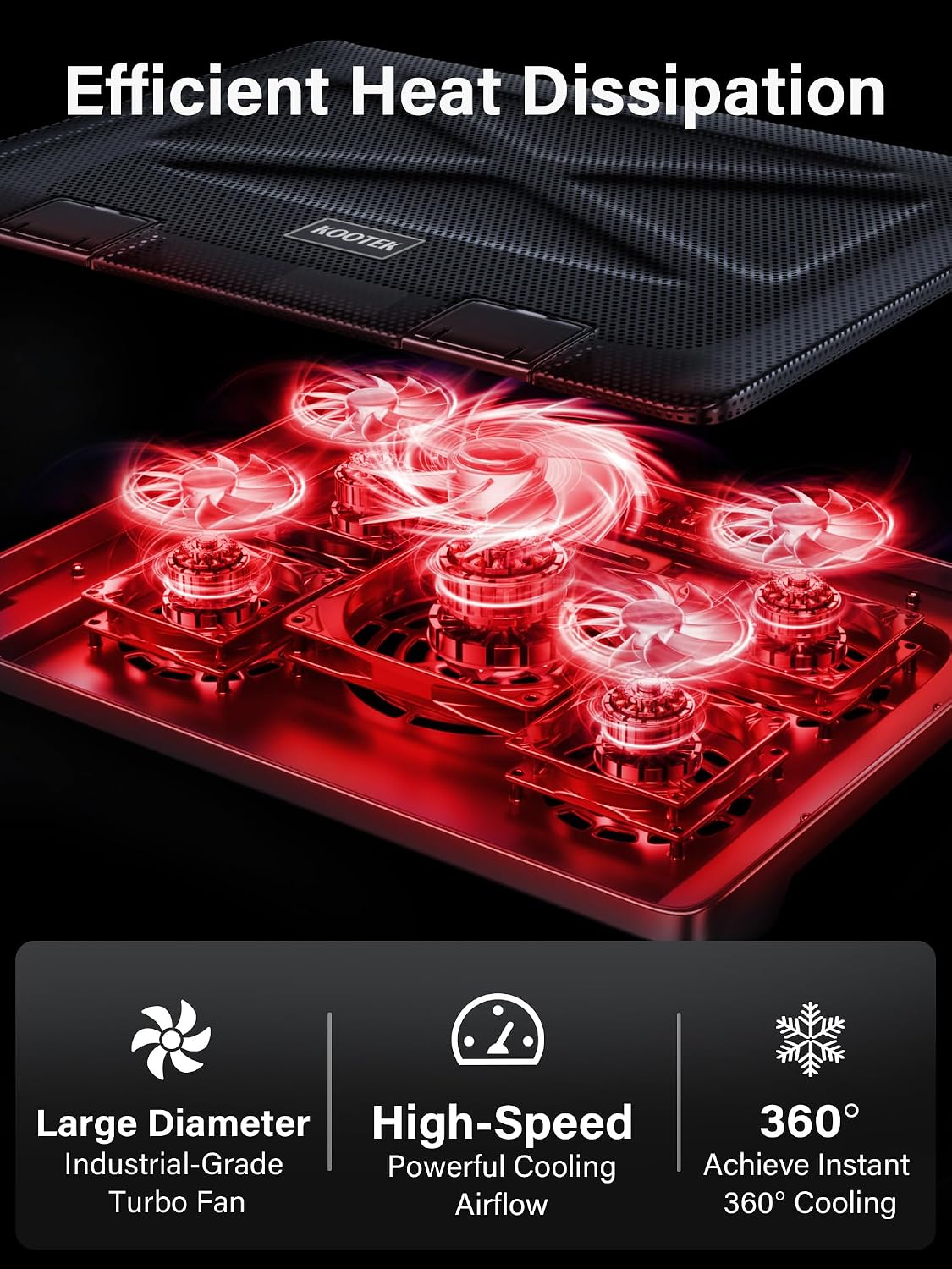 Detalle 2 de Kootek LCP05 Laptop Cooling Pad with 5 Fans, 6 Height Settings and USB Hub