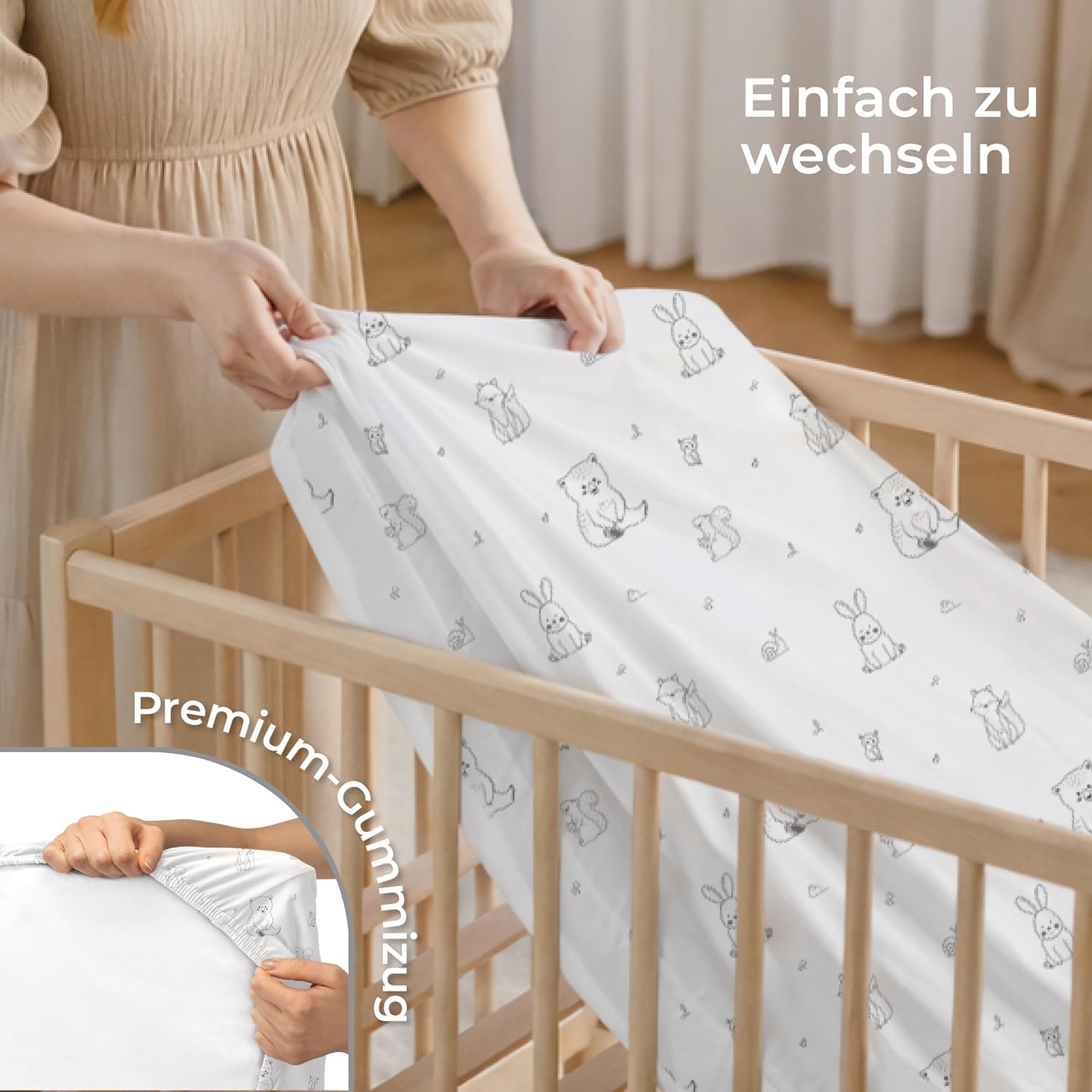 Thumbnail 5 de Dreamzie 2er Set Spannbettlaken Babybett 70x140 cm – Baumwolle Oeko-Tex, Woodland Weiß/Grau