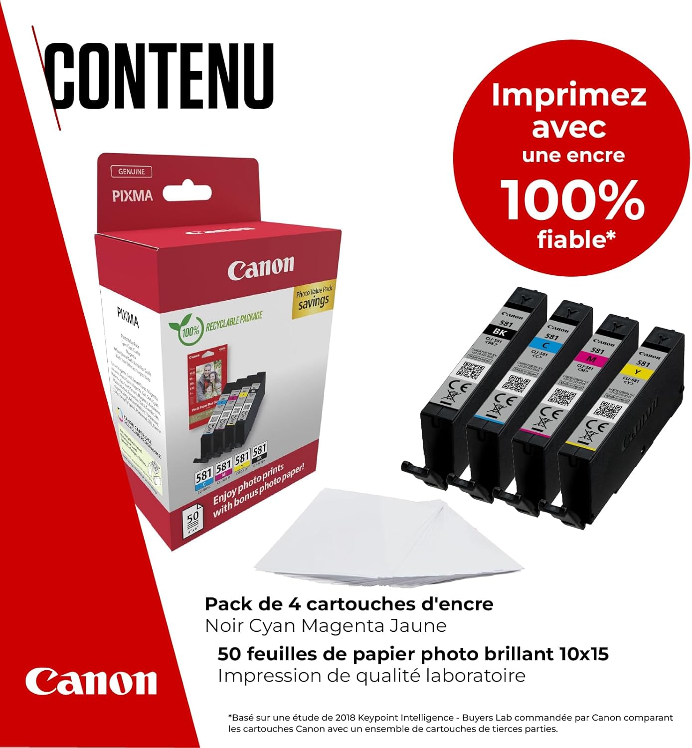 Detalle de Canon CLI-581 C M Y BK Value Pack + 50 feuilles papier photo 10x15 cm – Cartouches couleur + noir avec papier photo brillant