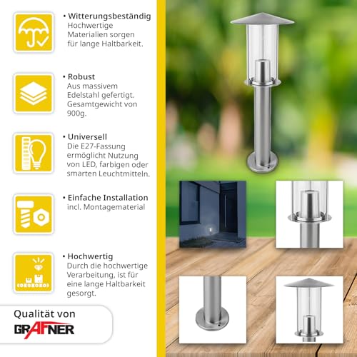 Detalle de Grafner Edelstahl Wegeleuchte mit E27-Fassung – 50 cm Höhe, IP44, silber