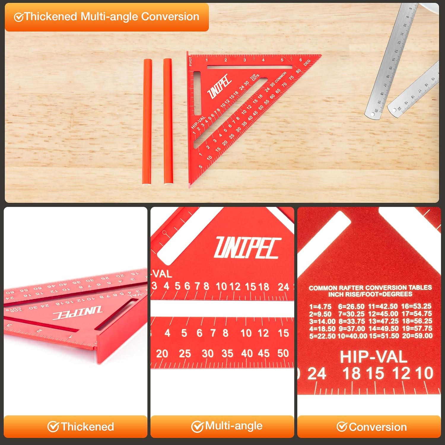 Detalle 2 de UNIPEC 7" Aluminum Rafter Square with Triangle Ruler, Protractor & Pencils