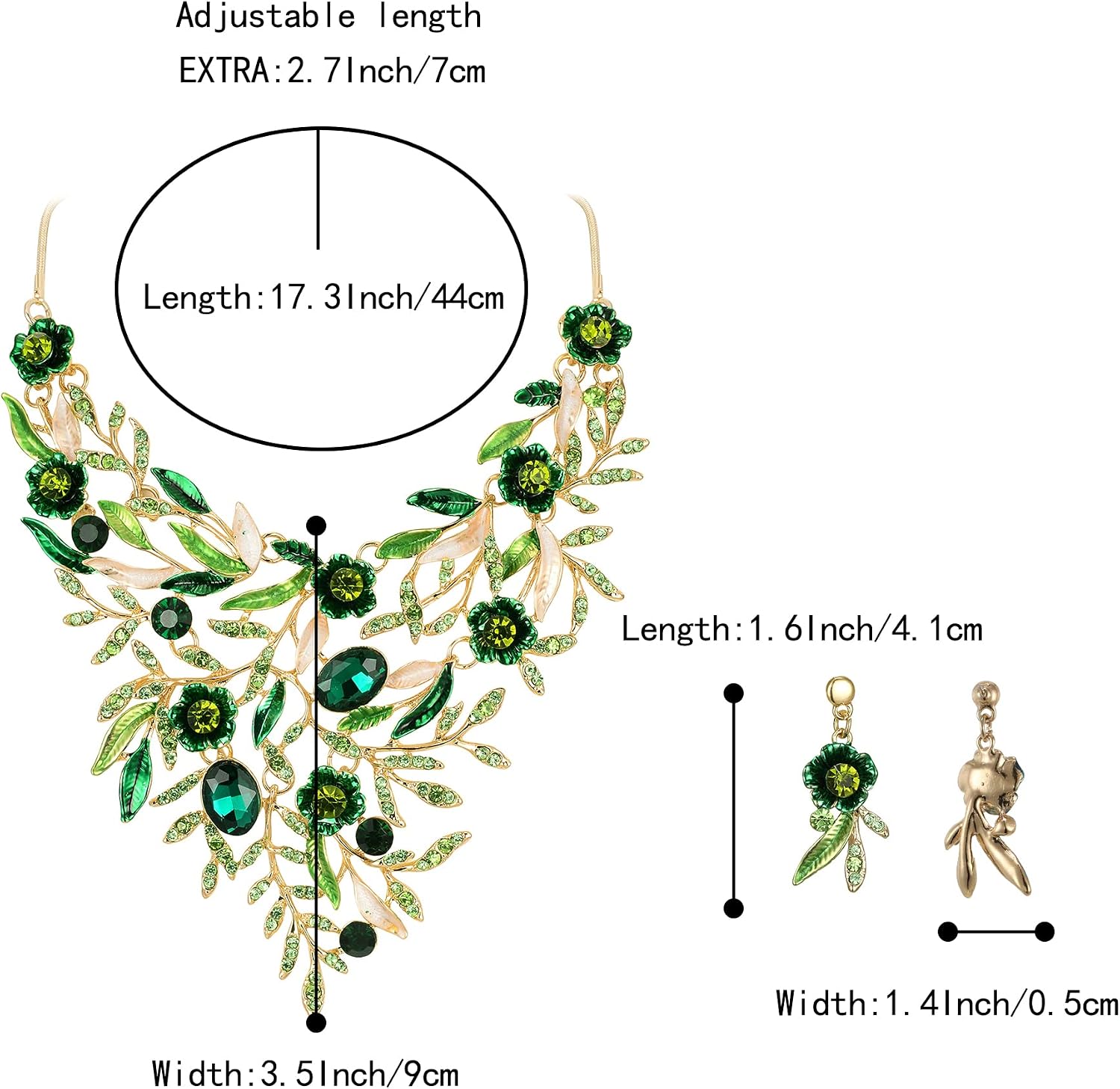 Thumbnail 3 de Clearine Parure de Bijoux Mariage Émail Cristal Fleur Longues Feuilles – Collier et Boucles d'Oreilles