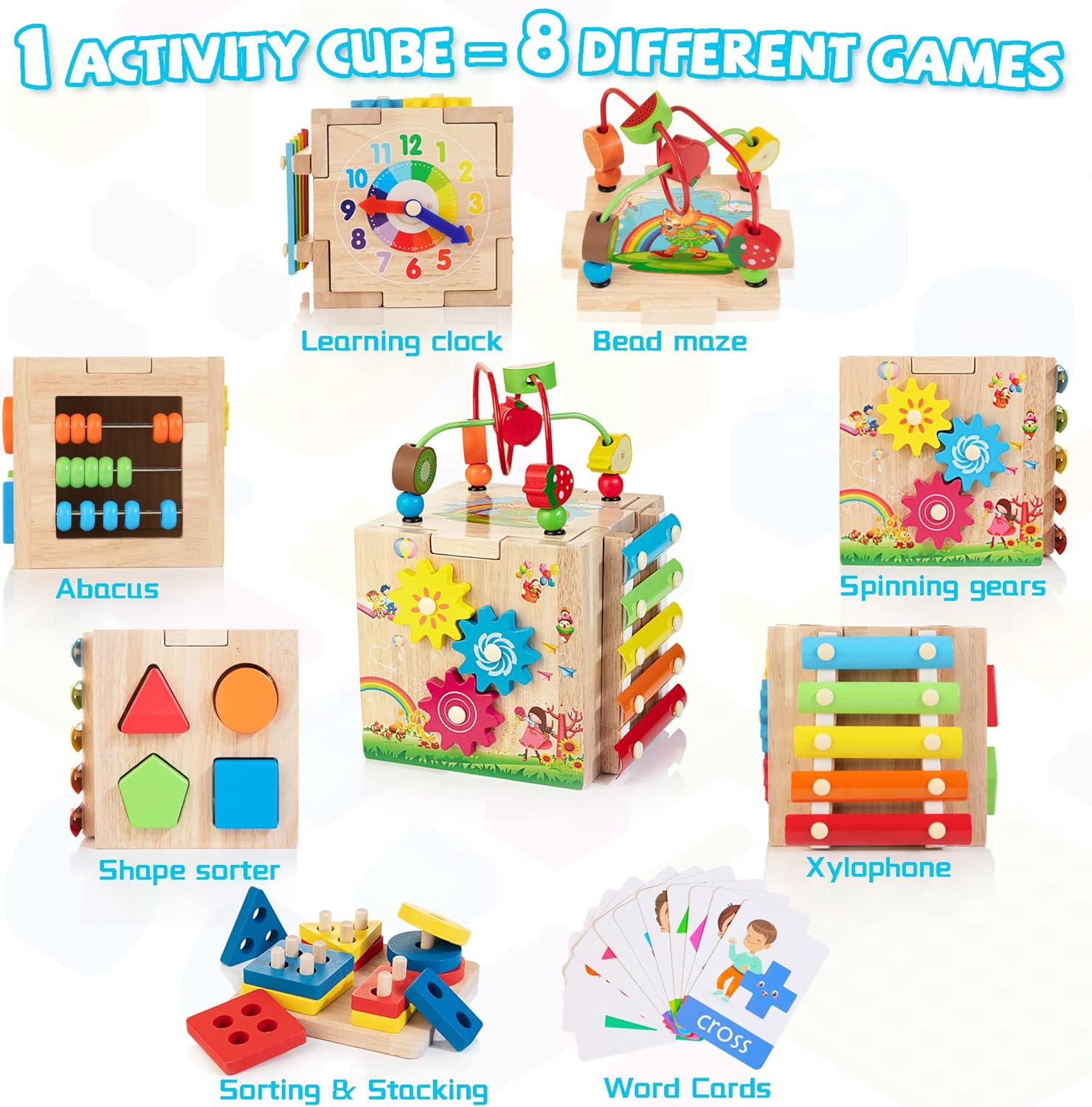 Detalle 2 de Wooden Activity Cube 8-in-1 Montessori Toys for 12M+ Toddlers 🎲