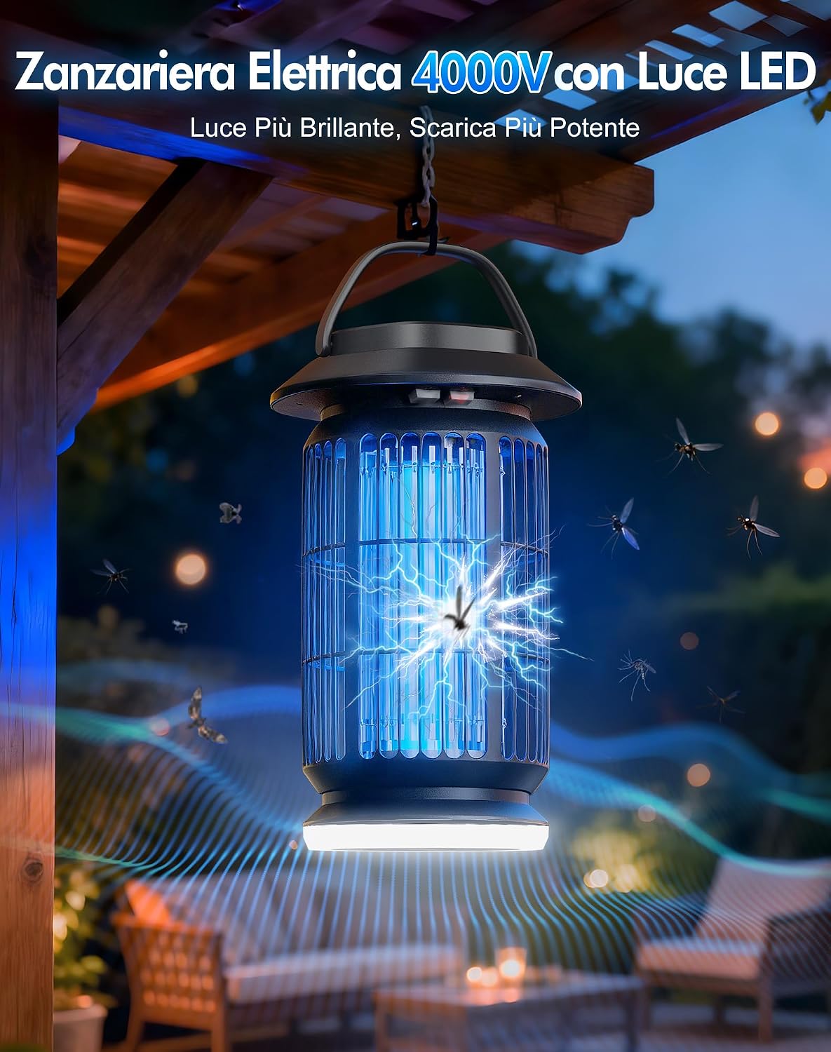 Detalle de Lampada Antizanzare 4000V con Zanzariera Elettrica 18W IPX4 – Copertura fino a 100 m²