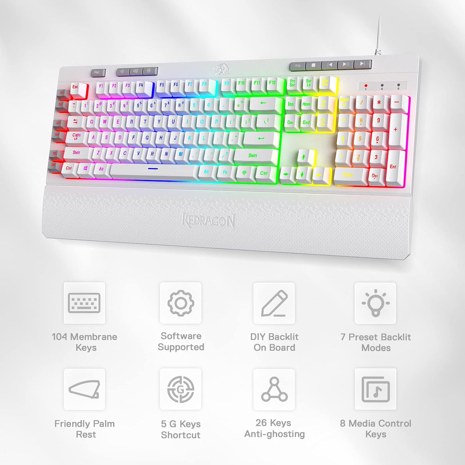 Detalle de Redragon K512 Shiva US-Layout weiße Membran-Gaming-Tastatur – RGB, Makros & abnehmbare Handballenauflage