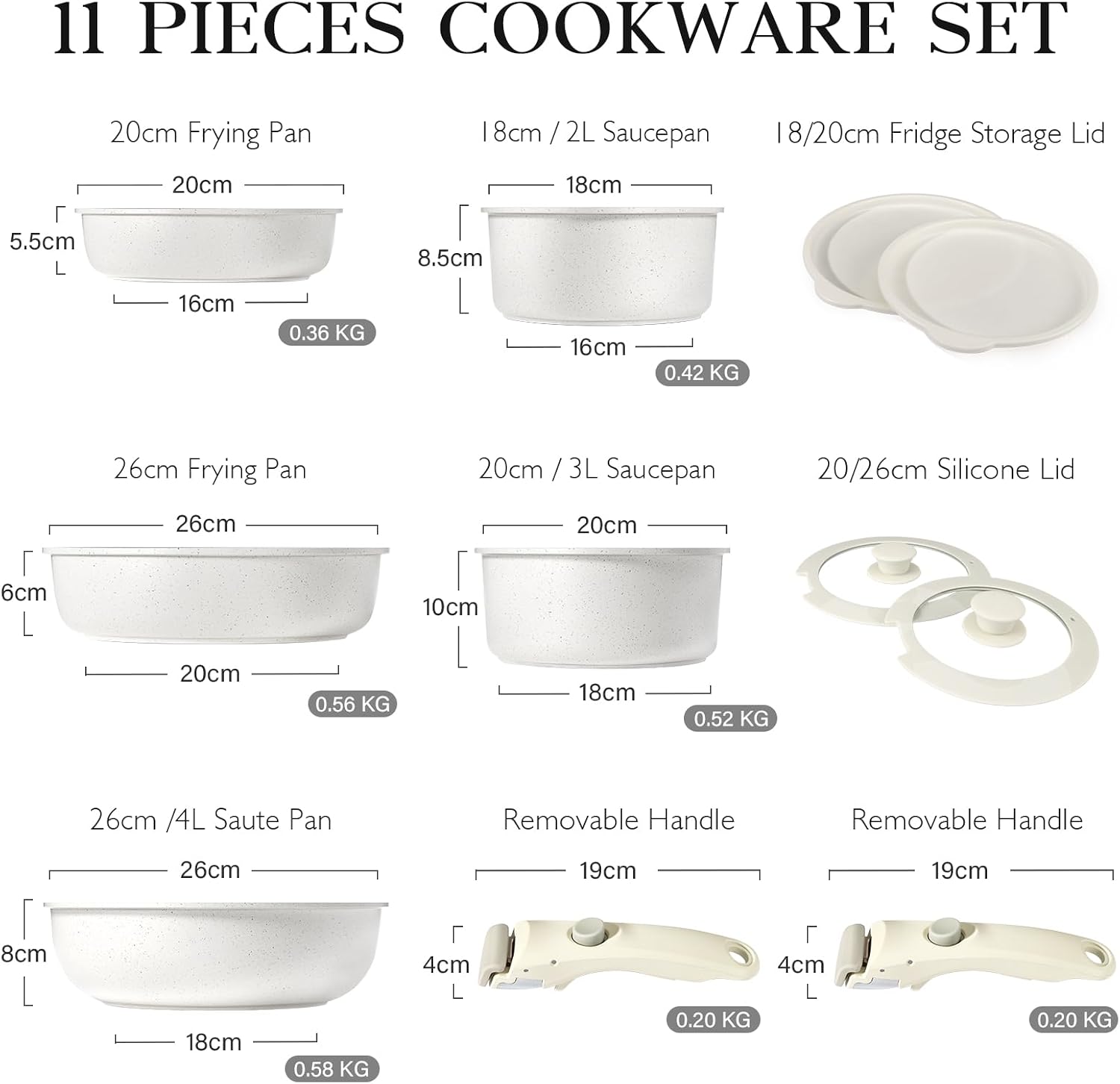 Detalle 2 de GiPP 11-piece Non Stick Pots and Pans Set with Detachable Handle (White Granite, PFOA-free)