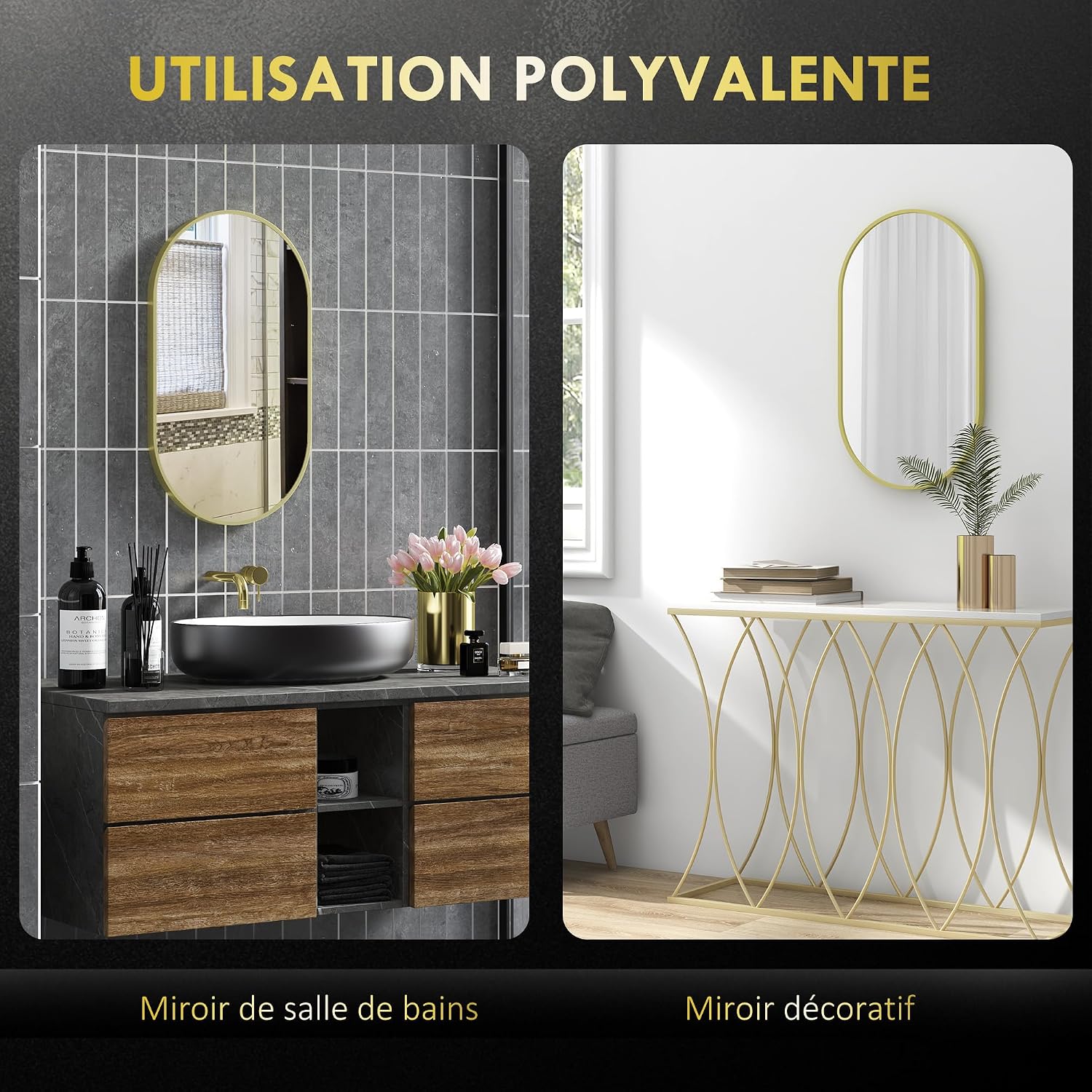 Detalle de HOMCOM Miroir Mural Ovale Doré 40 x 70 cm – cadre aluminium et montage flexible