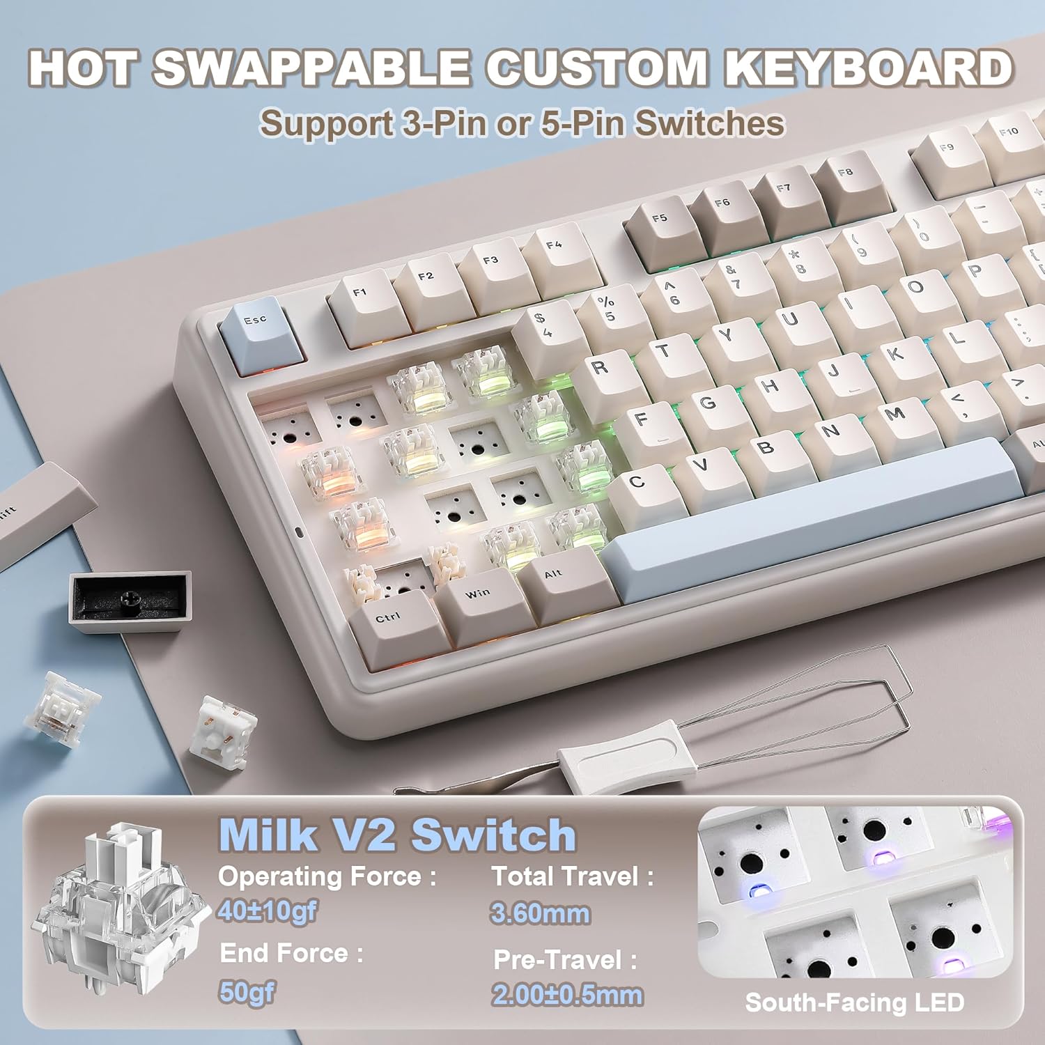 Thumbnail 5 de YUNZII B98 Pro QMK/VIA Tri-Mode Wireless Mechanical Keyboard (96% with Numpad, Cat Knob, Hot-Swap, RGB, Beige)