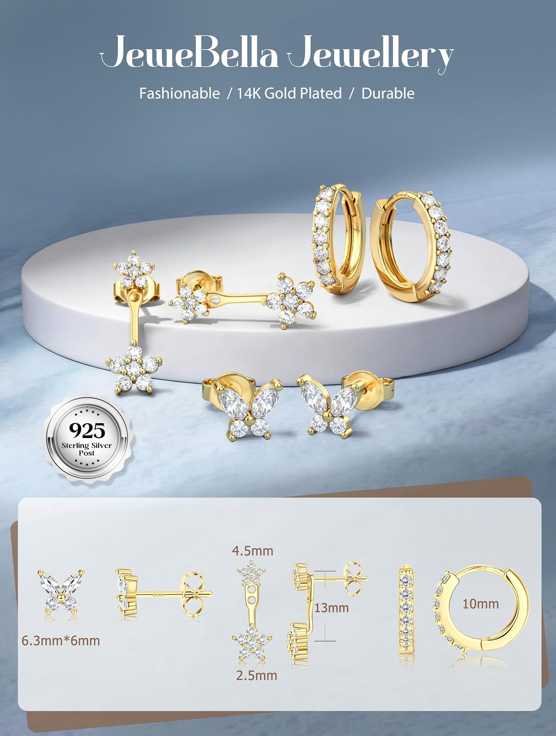Detalle de JeweBella 3 Paar Ohrringe Set aus 925 Silber vergoldet – kleine Ohrstecker, Creolen und Zirkonia