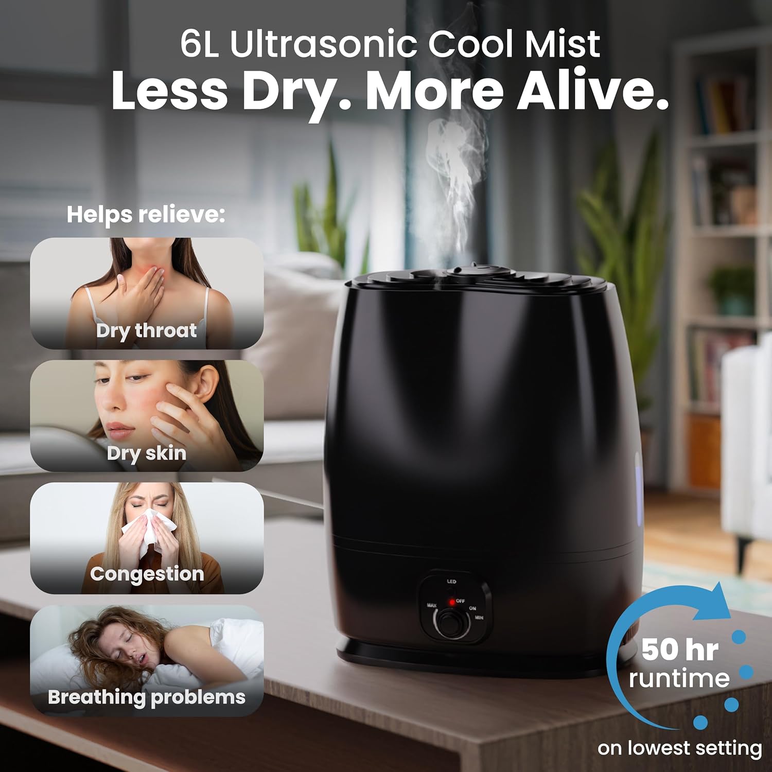 Detalle 2 de Everlasting Comfort 6L Humidifier with Built-In Oil Diffuser – Quiet, 50-Hour Run Time for Large Rooms