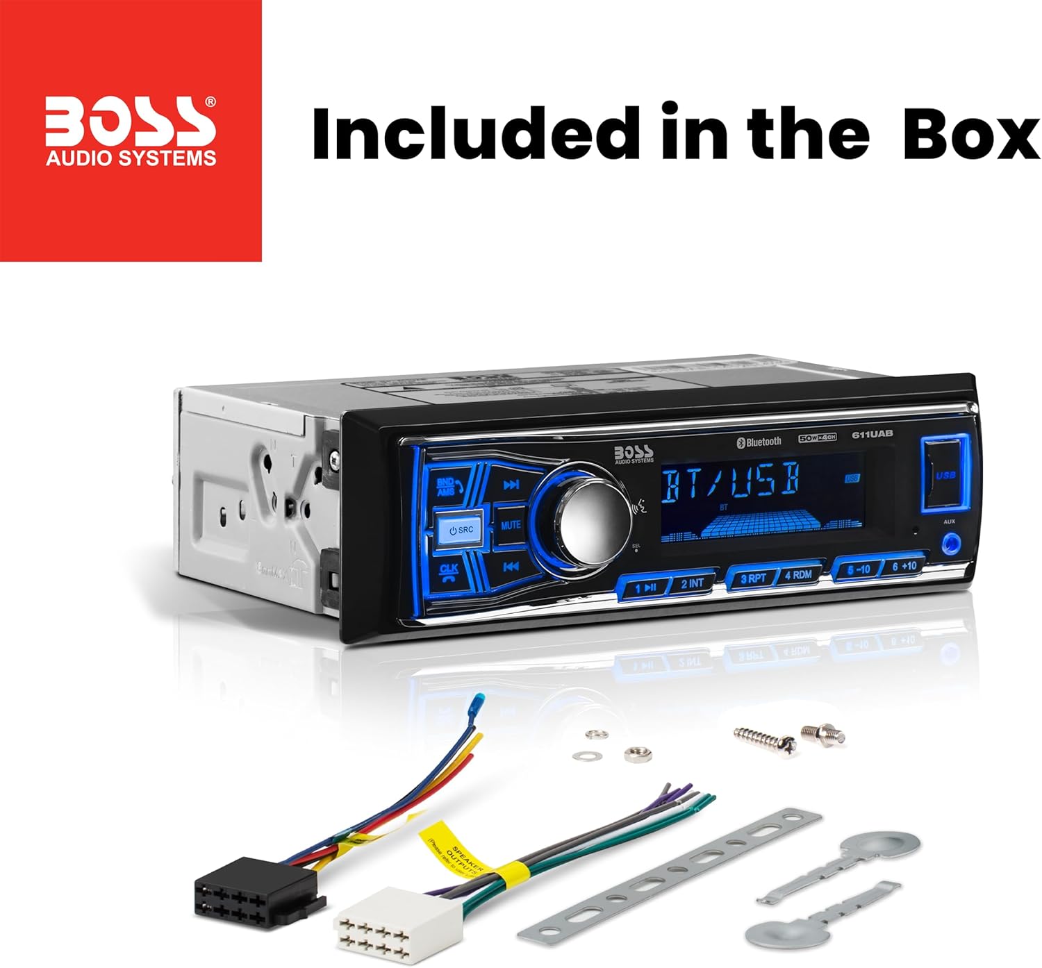 Detalle de BOSS Audio Systems 611UAB Single-DIN Car Stereo with Bluetooth, USB, AUX, and AM/FM Radio