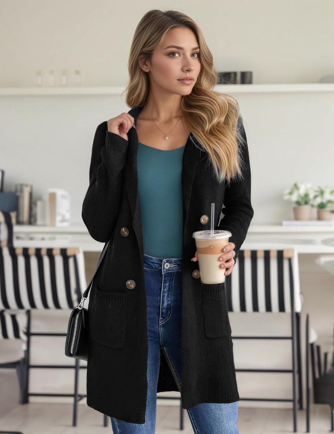 Detalle de VIMPUNEC Open Front Long Cardigan with Pockets