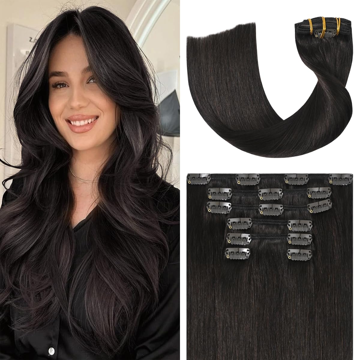 Detalle de UGOTRAYS Dark Brown Clip-in Hair Extensions (70g, 22 inches, 100% Remy Human Hair) — 7 Pieces / 16 Clips, #2