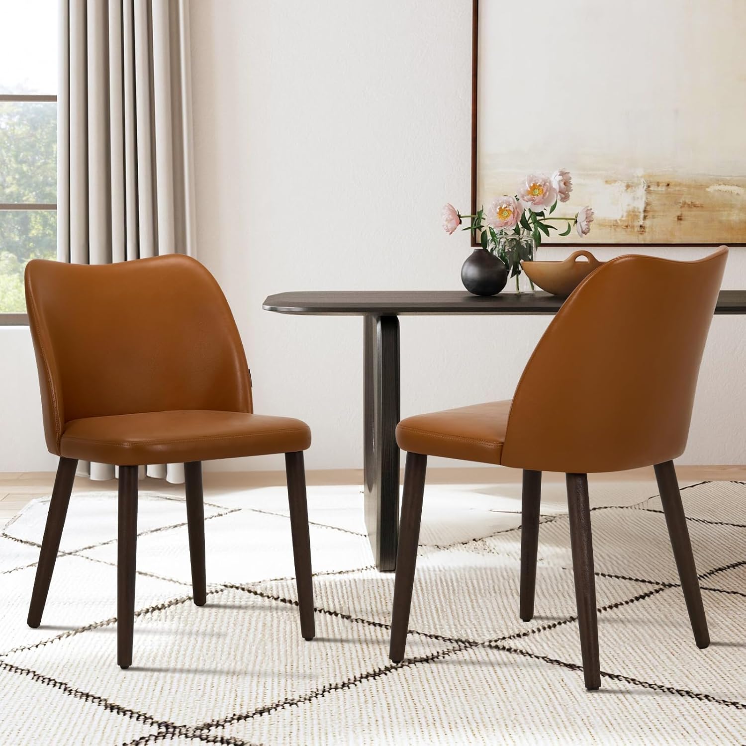 Detalle de COLAMY Upholstered Dining Chairs, Set of 4, Light Brown Faux Leather