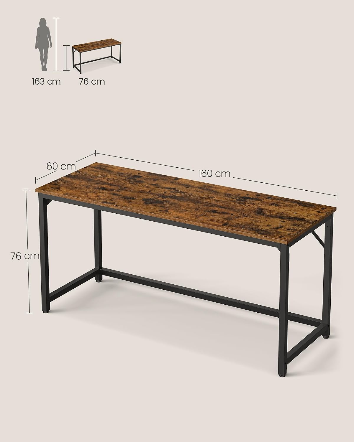 Detalle 1 de VASAGLE LWD121K01 Desk, 160 x 60 cm, Steel Frame, Rustic Brown and Black