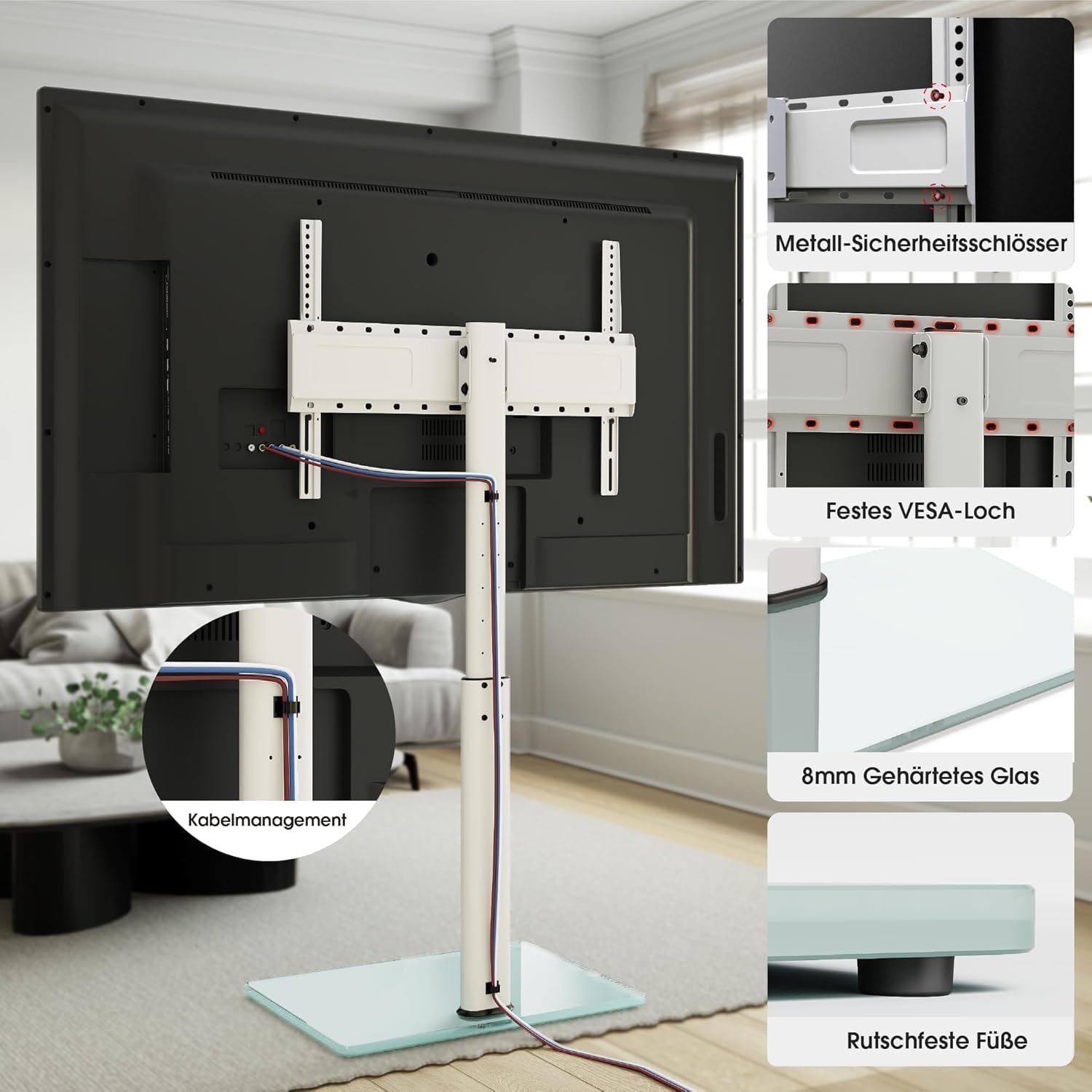 Thumbnail 4 de AOKCOS TV Ständer Bodenständer 1,6 m für 43–85 Zoll Fernseher – Neigbar, Schwenkbar, VESA 600x400, max. 50 kg, Weiß