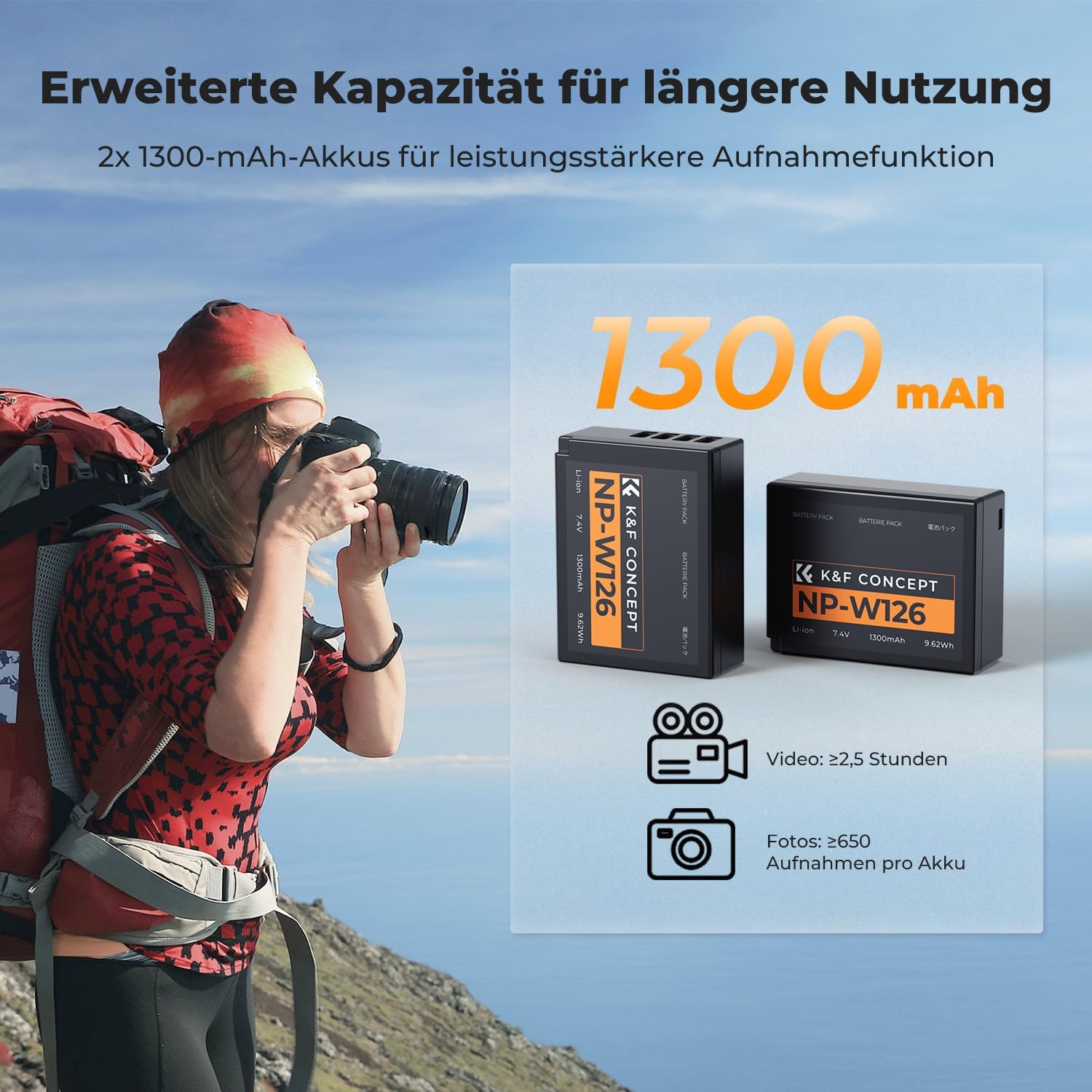Thumbnail 1 de K&F CONCEPT NP-W126 / NP-W126S Akku (2er-Set) + Dual-Slot Schnellladegerät mit USB-C und Micro-USB – kompatibel mit Fujifilm