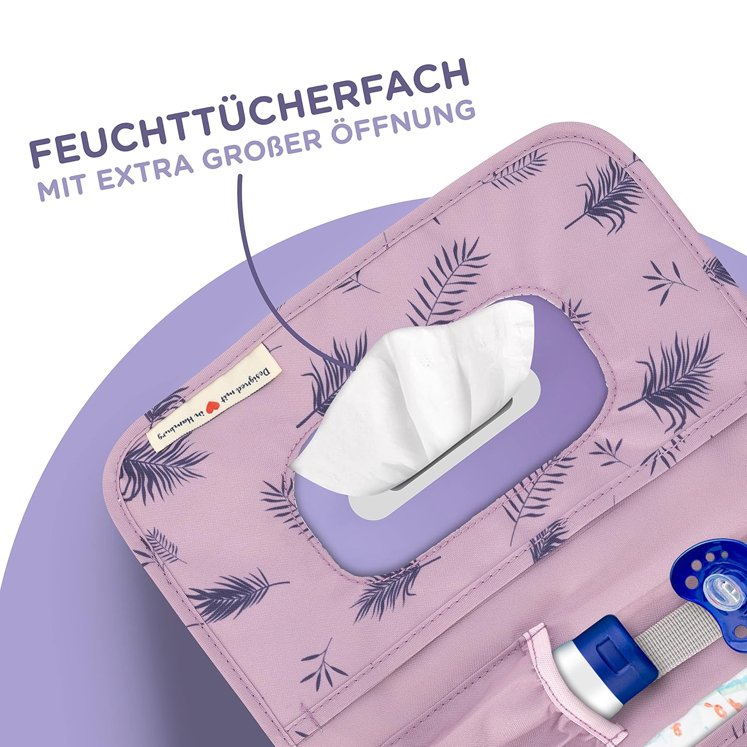 Detalle de Jubi Windeltasche mit Wickelunterlage für unterwegs – Kleine, platzsparende Wickeltasche in Lila mit Palmen (Klettverschluss)