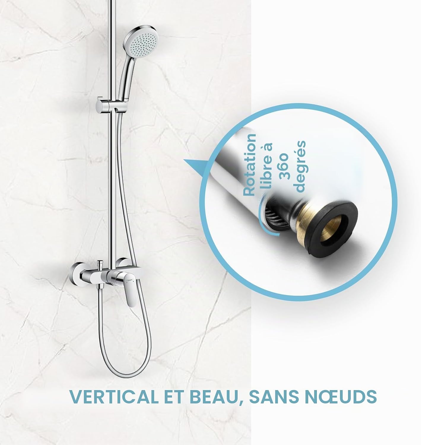 Detalle de OFFO Flexible de Douche 1.2m – Tuyau en PVC avec protection anti-torsion, argenté