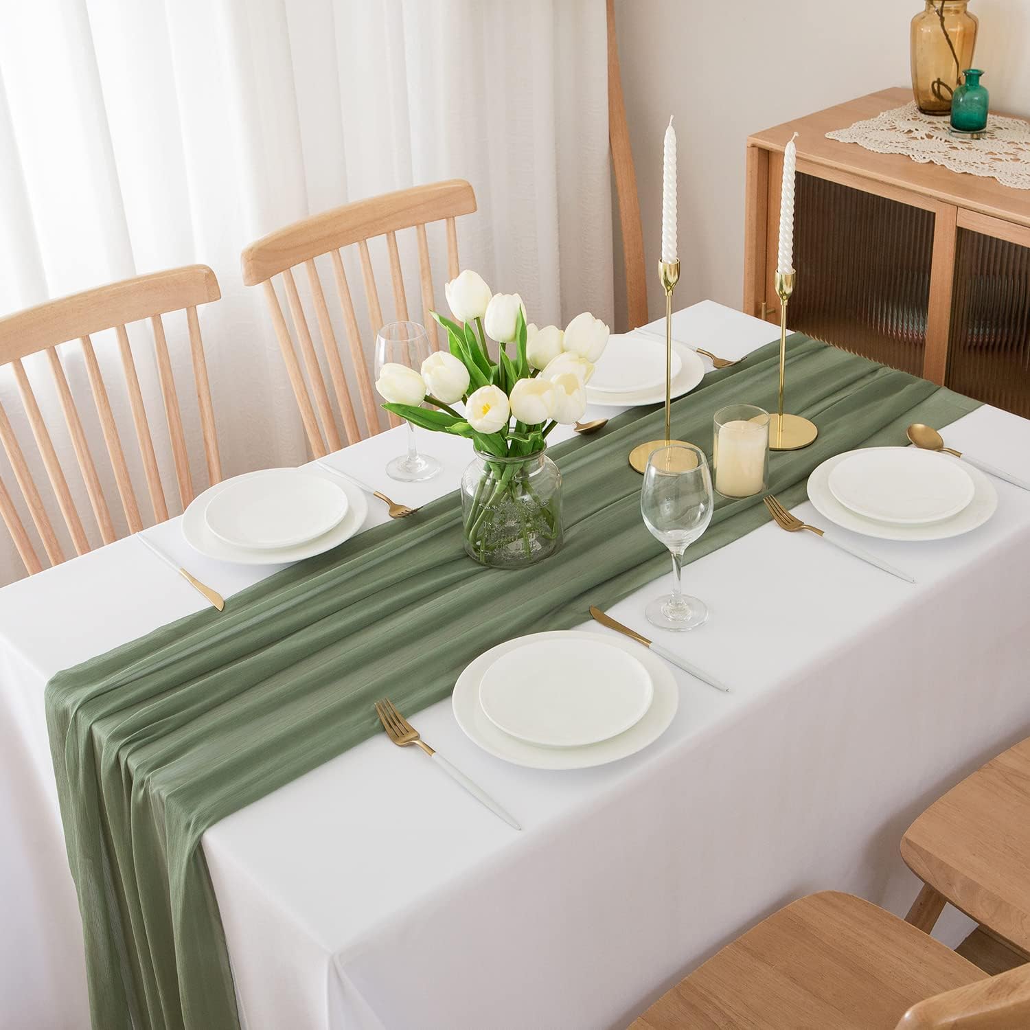 Detalle de CHUQING Tischläufer Grün Chiffon – 70 × 300 cm, Salbeigrün/Hellgrün