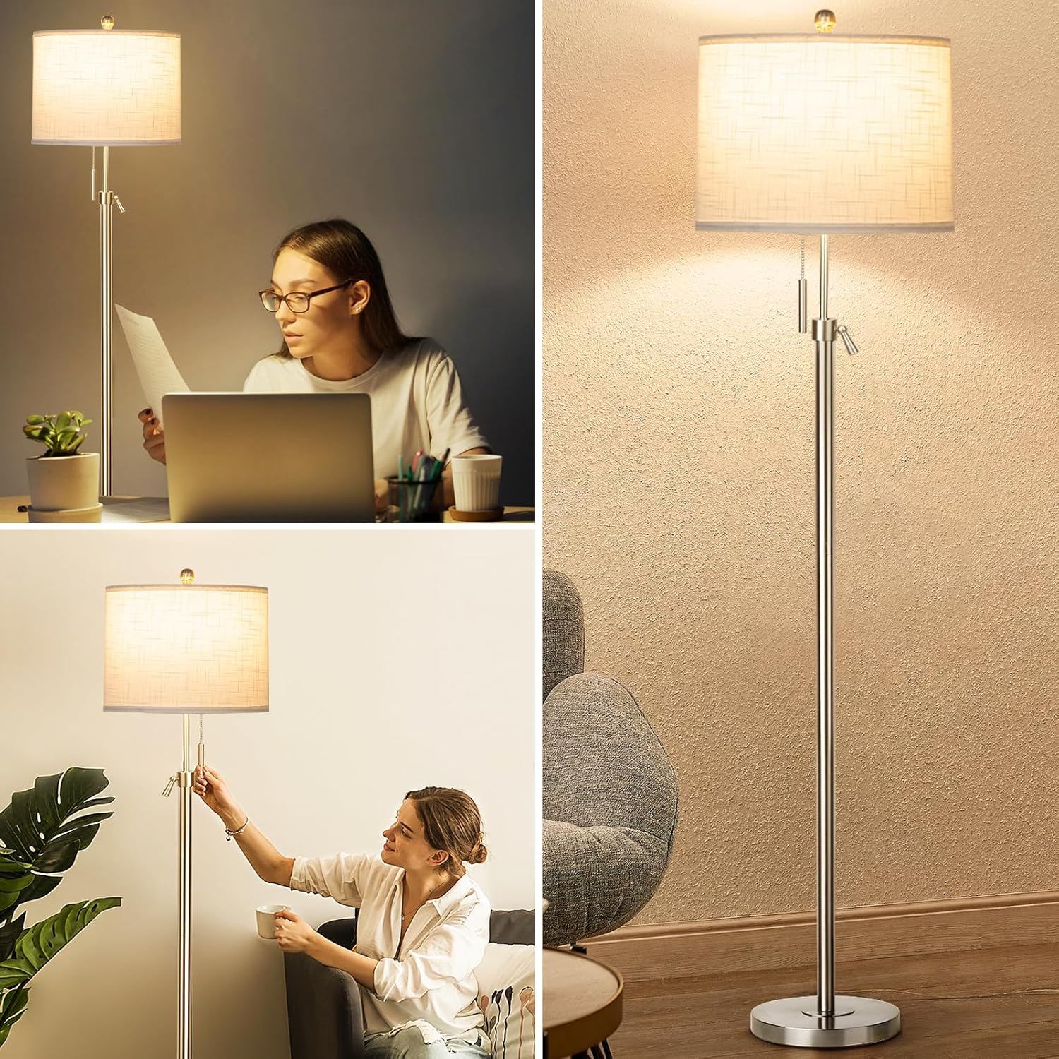 Thumbnail 5 de Qingmiao Stehlampe Wohnzimmer Modern mit Leinen-Lampenschirm, höhenverstellbar 140–168 cm, E27, 3 Farbtemperaturen (3000–6000K) – Silber
