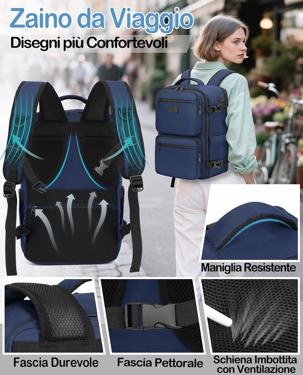 Thumbnail 4 de LYNXCHER Zaino Ryanair 40x30x20: Compagno di viaggio 24L con scomparto laptop 15,6 pollici, Under Seat approvato (Blu Scuro)