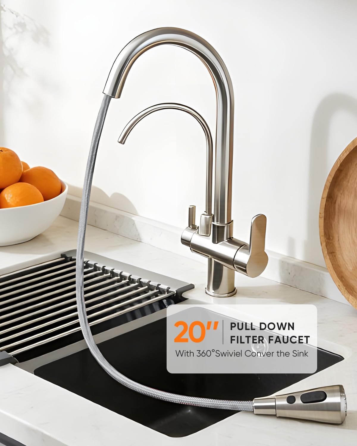 Detalle de Kitchen Faucet with Water Filter Spout — 2-in-1 Brushed Nickel Pull-Down Faucet by OWOFAN