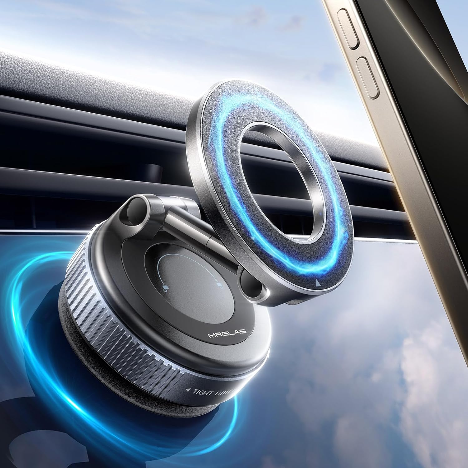 Detalle de MRGLAS 2026 Upgraded Vacuum Magnetic Car Phone Holder with 360° Rotational Arm and 2800gf Magnets
