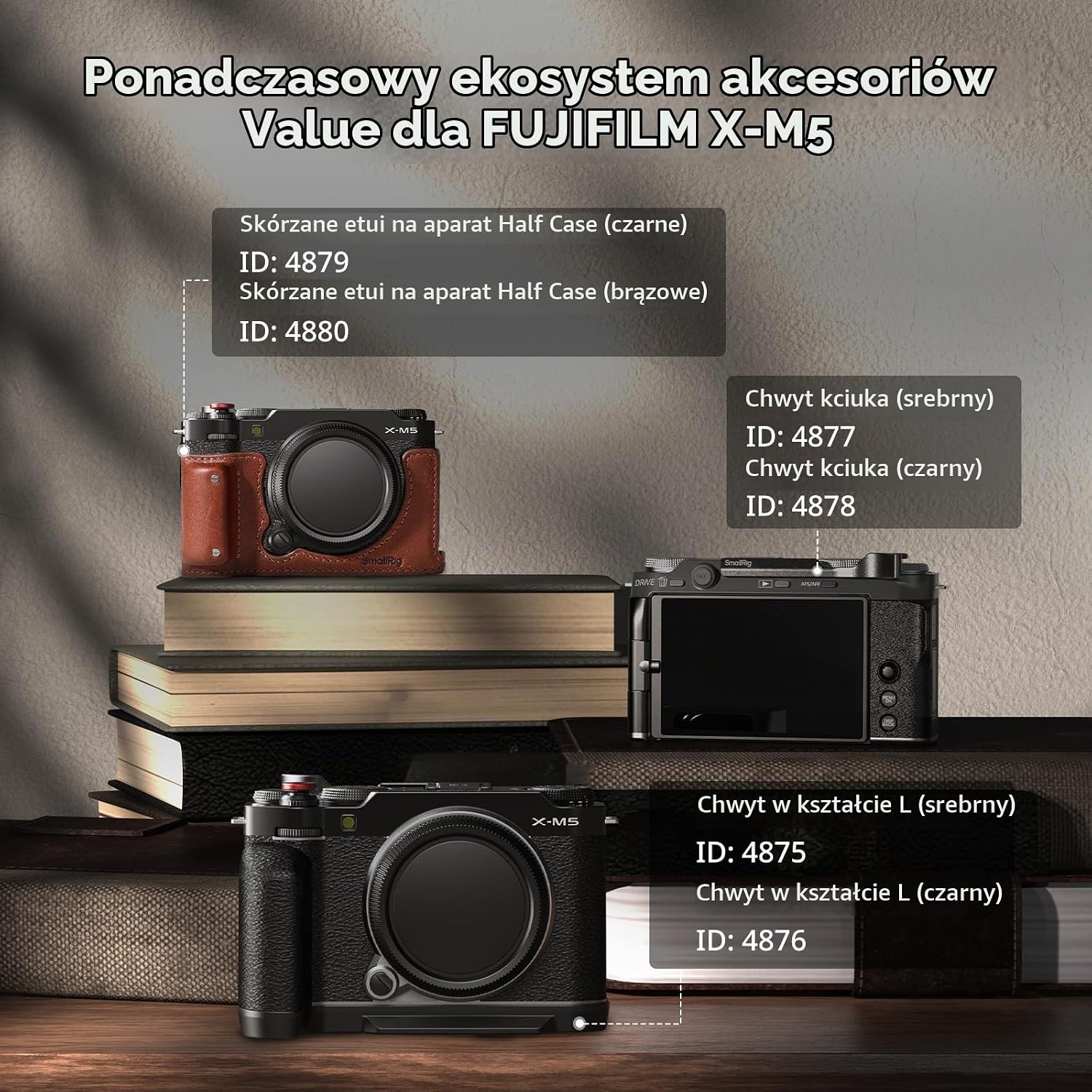 Detalle de SMALLRIG 4877 – srebrny uchwyt kciuka do FUJIFILM X-M5 z przyciskiem migawki
