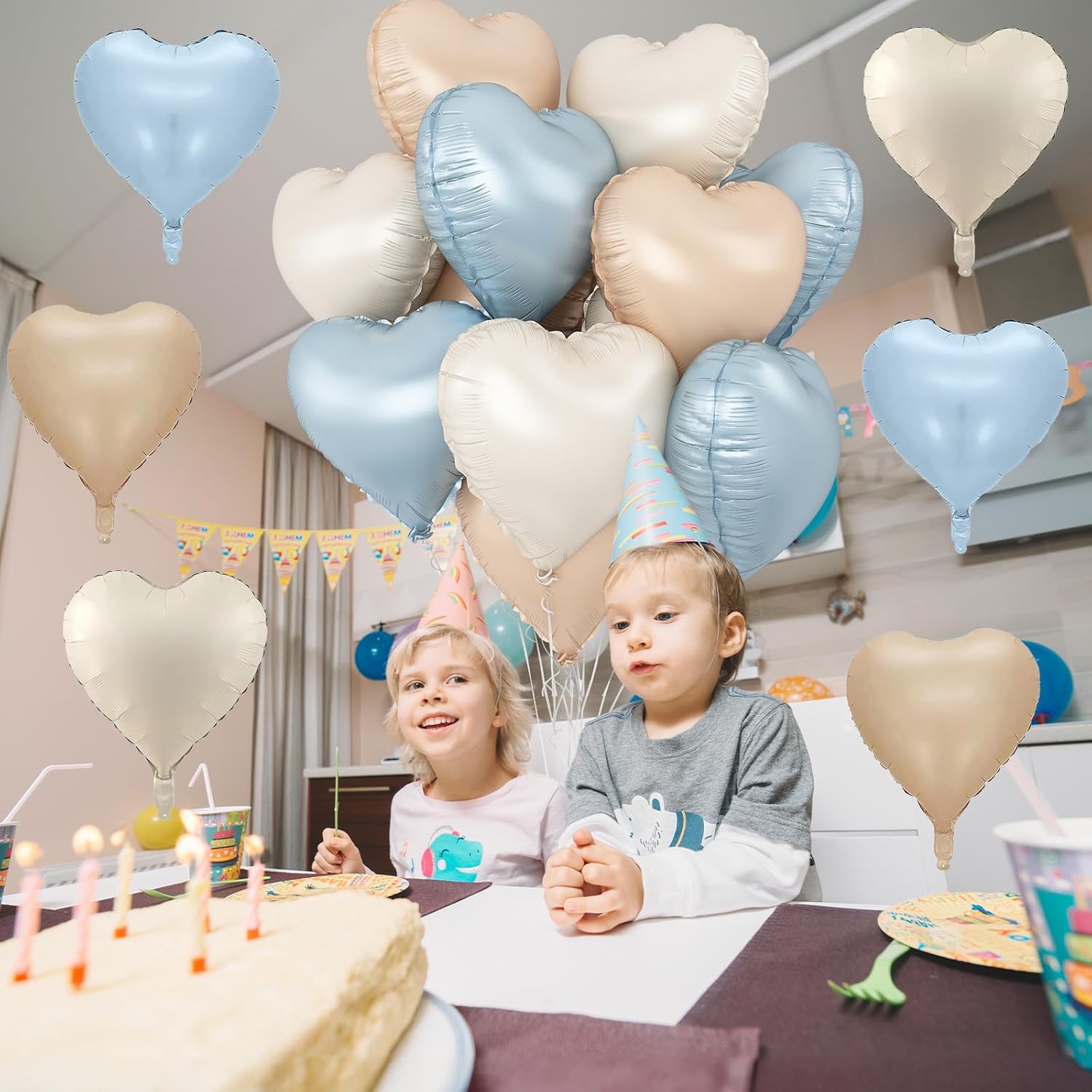 Thumbnail 2 de Blue Cream Heart Foil Balloons, 12Pcs 18-Inch Heart Shaped Mylar Balloons for Boho Birthdays, Baby Shower, Wedding
