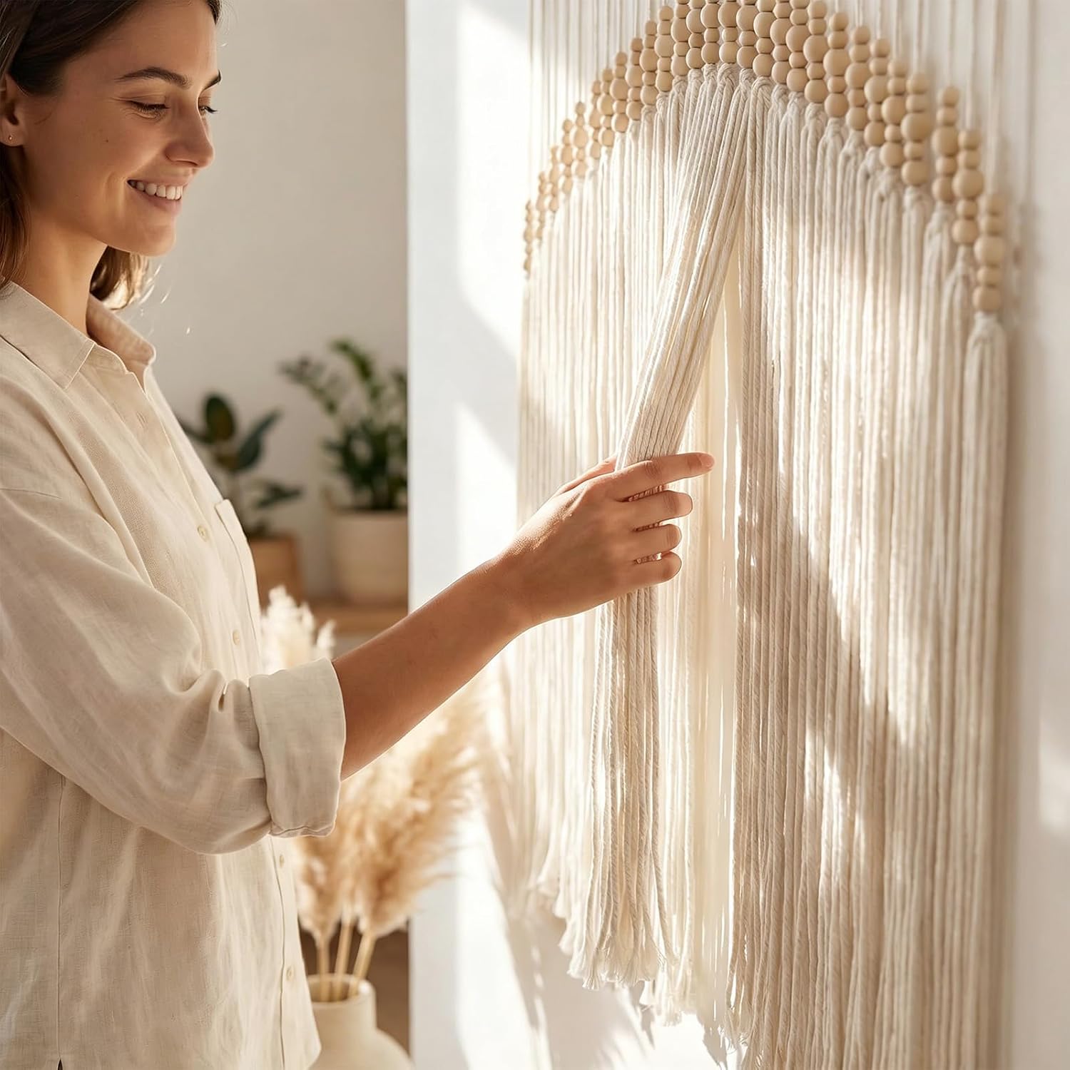 Detalle 1 de Betylifoy Large Macrame Wall Hanging, Beige Cotton Tassels, 38.6 x 38.6 in
